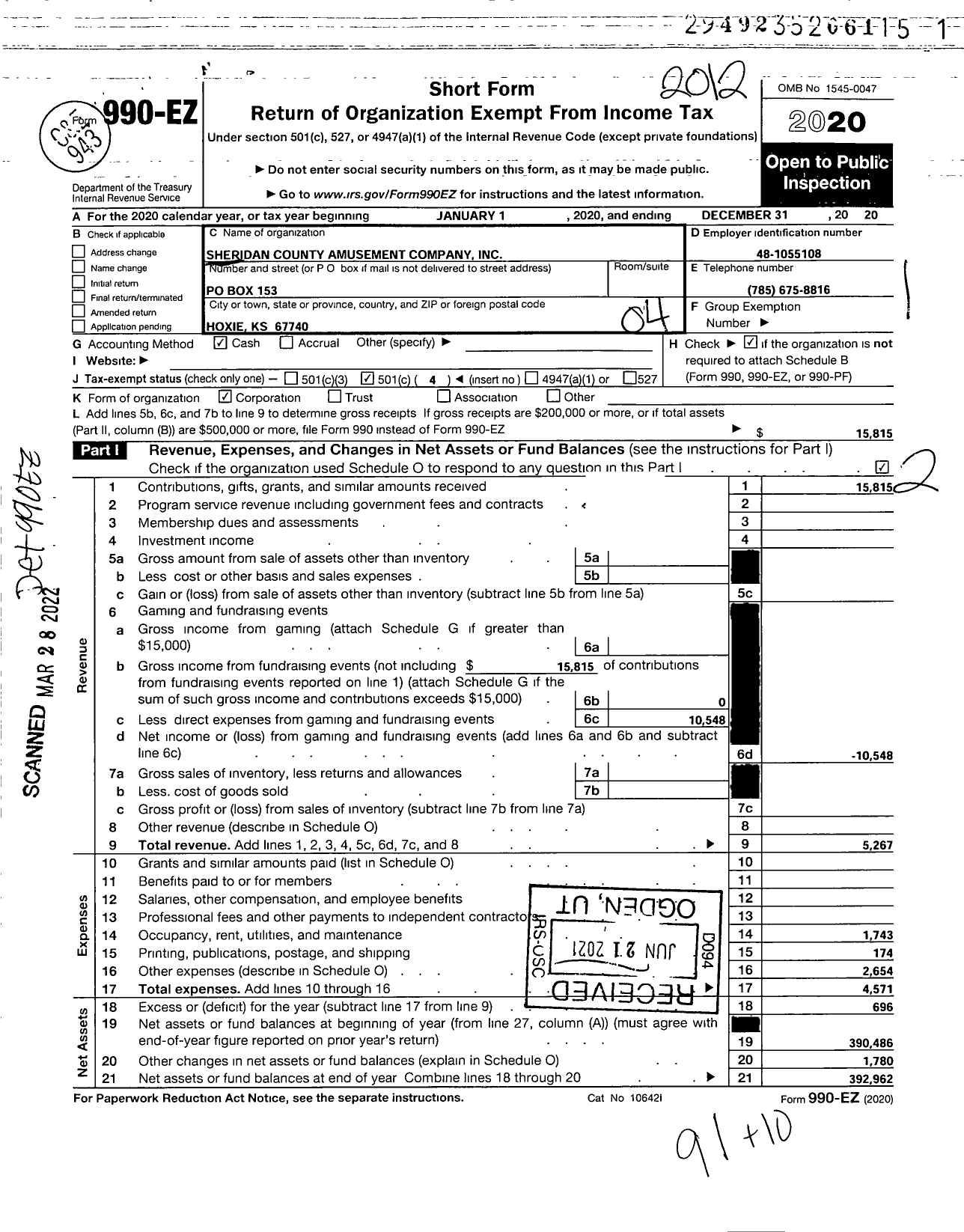 Image of first page of 2020 Form 990EO for Sheridan County Amusement Company