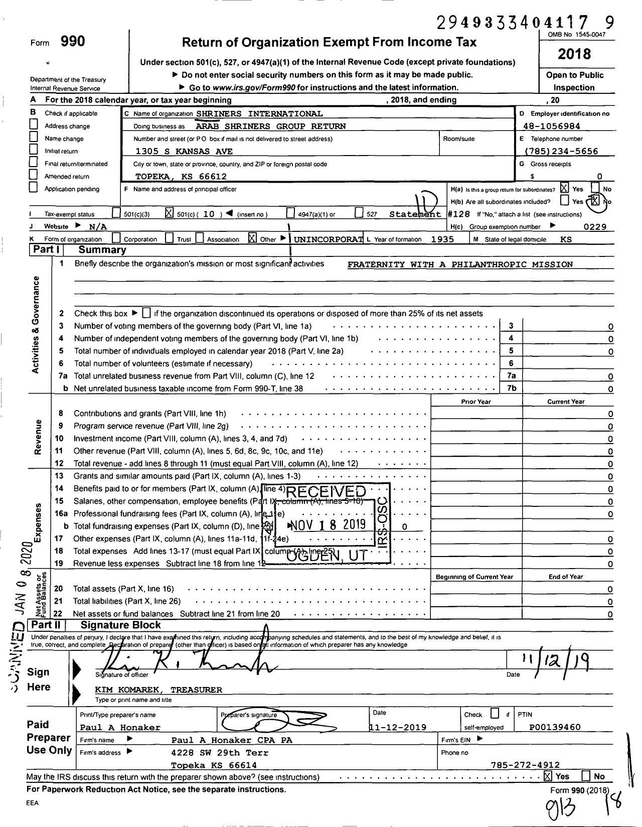 Image of first page of 2018 Form 990O for Shriners International - Arab Shriners Group Return