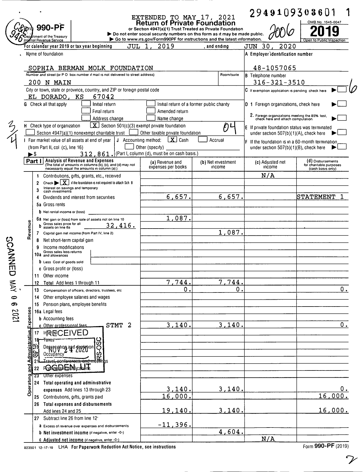 Image of first page of 2019 Form 990PF for Sophia Berman Molk Foundation