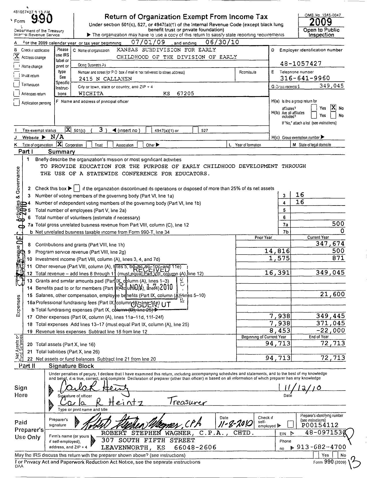 Image of first page of 2009 Form 990 for Kansas Subdivision for Early Childhood of the Division for