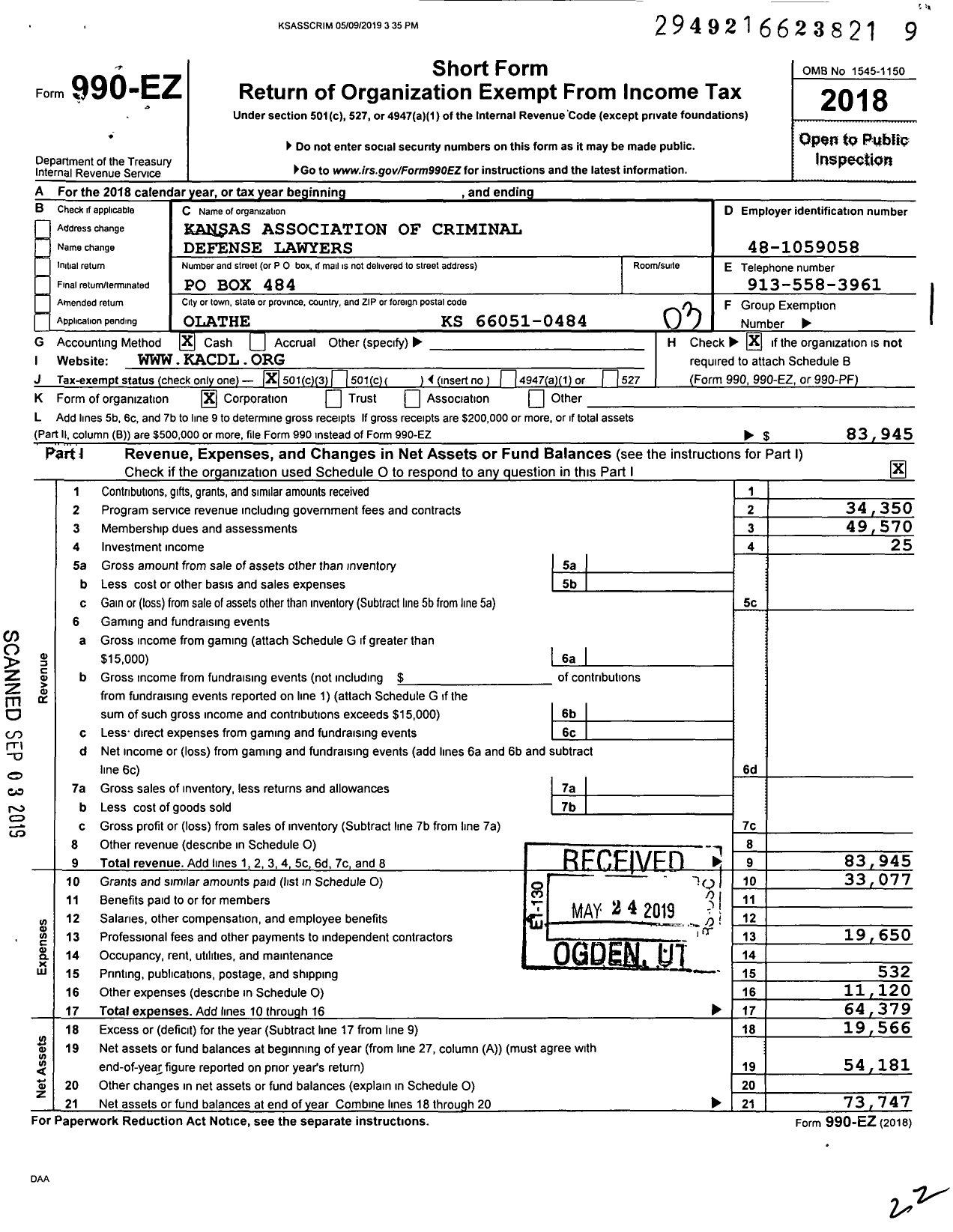 Image of first page of 2018 Form 990EZ for Kansas Association of Criminal Defense Lawyers