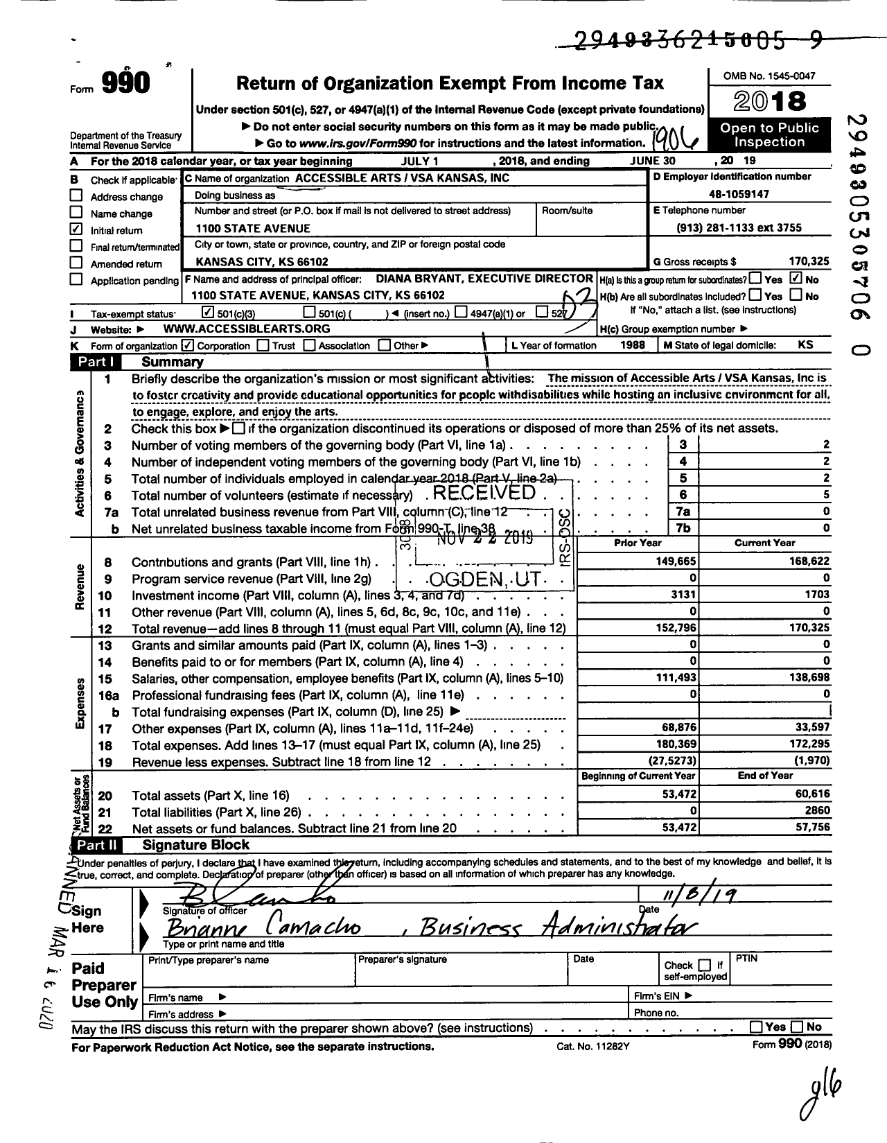 Image of first page of 2018 Form 990 for Accessible Arts Vsa Kansas