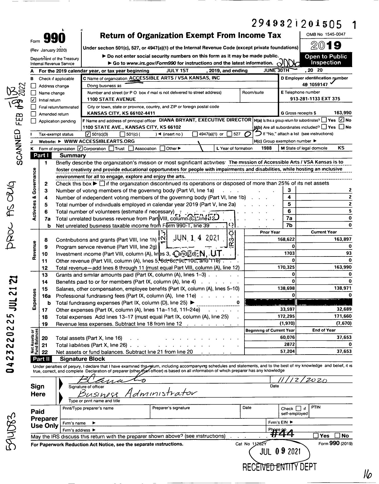 Image of first page of 2019 Form 990 for Accessible Arts Vsa Kansas