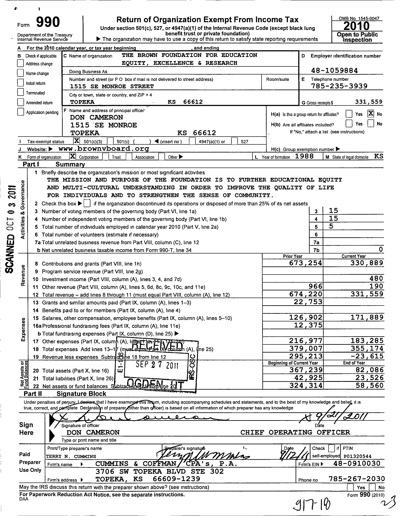 Image of first page of 2010 Form 990 for Brown Foundation for Educational Equity Excellence and Research