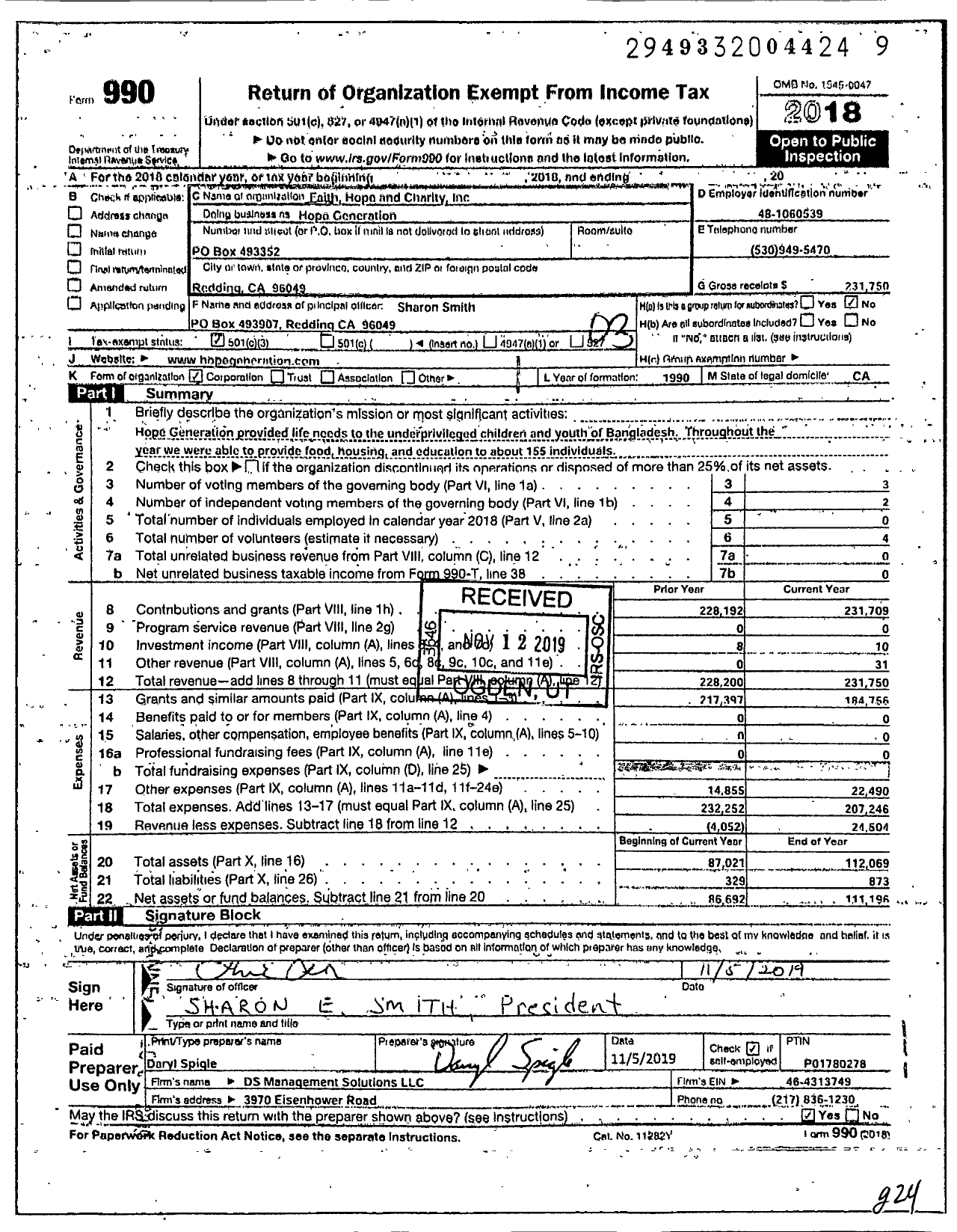 Image of first page of 2018 Form 990 for Hope Generation