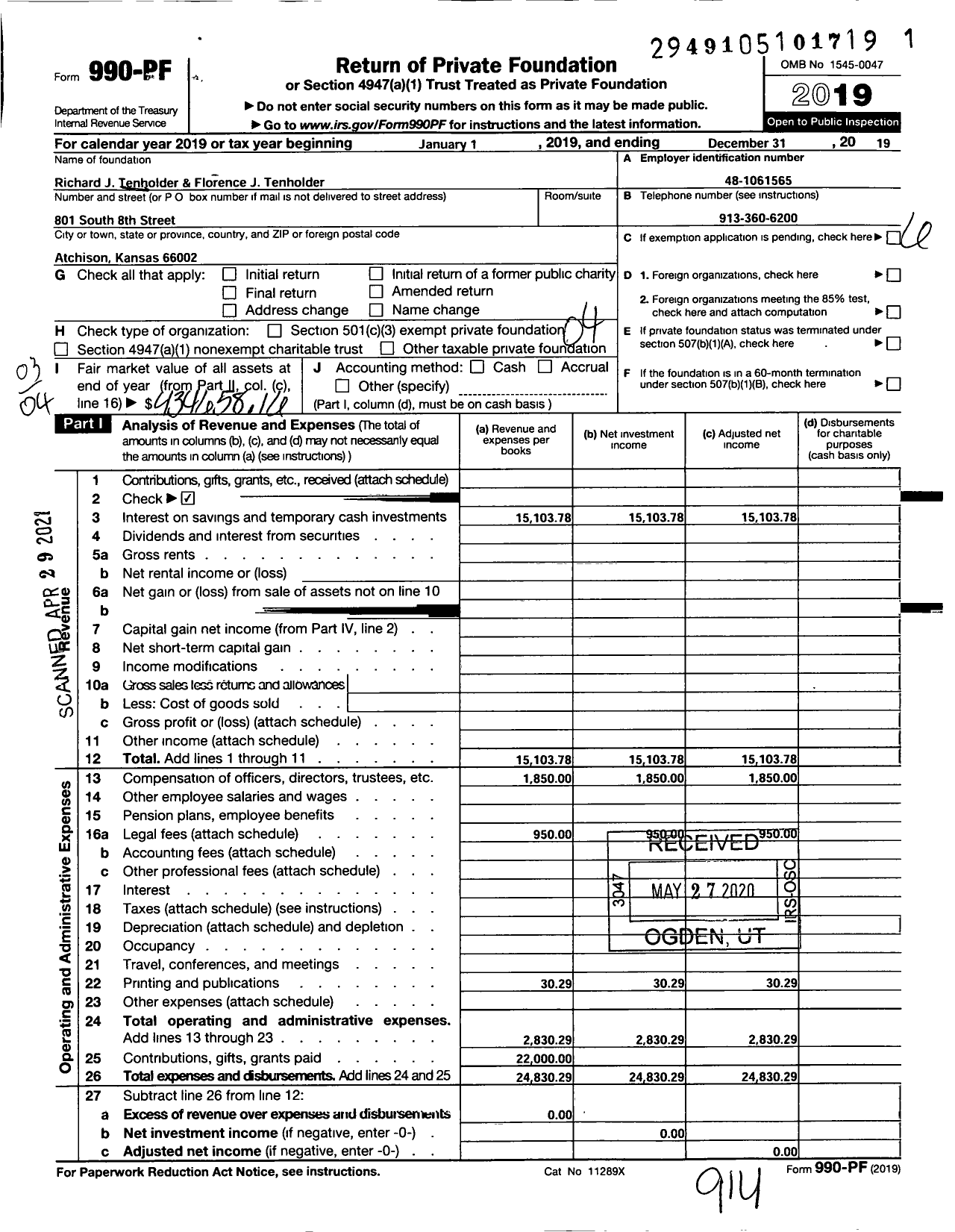 Image of first page of 2019 Form 990PF for Richard J Tenholder and Florence J Tenholder