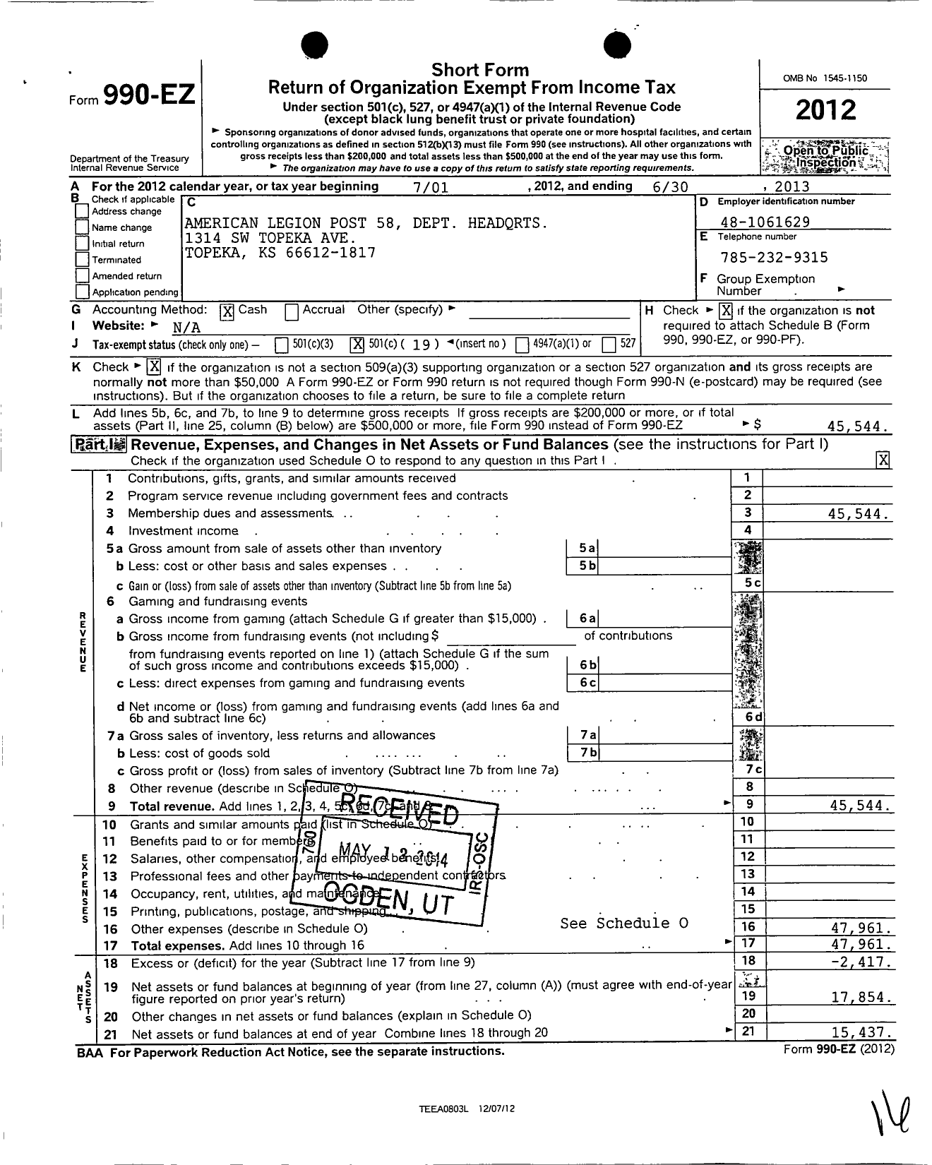 Image of first page of 2012 Form 990EO for American Legion Post 58 Dept Headqrts