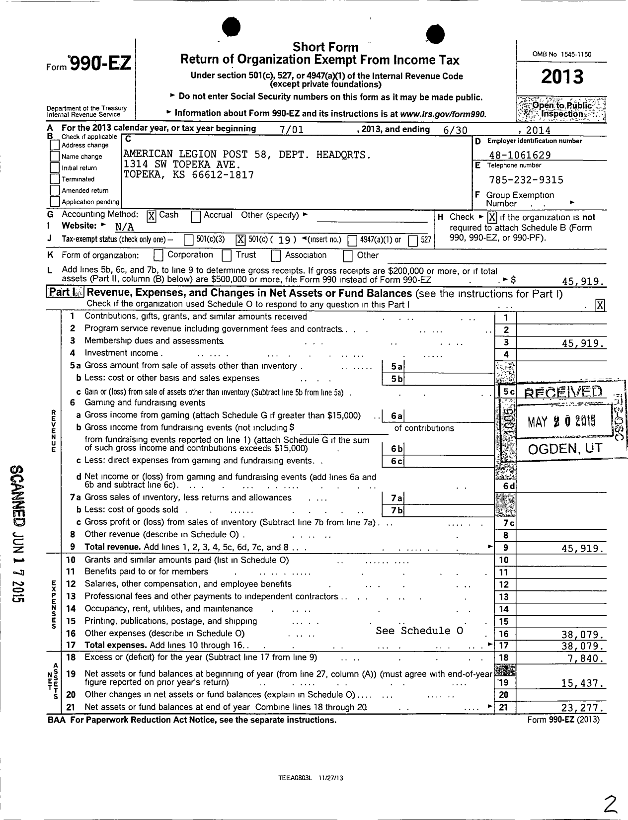 Image of first page of 2013 Form 990EO for American Legion Post 58 Dept Headqrts