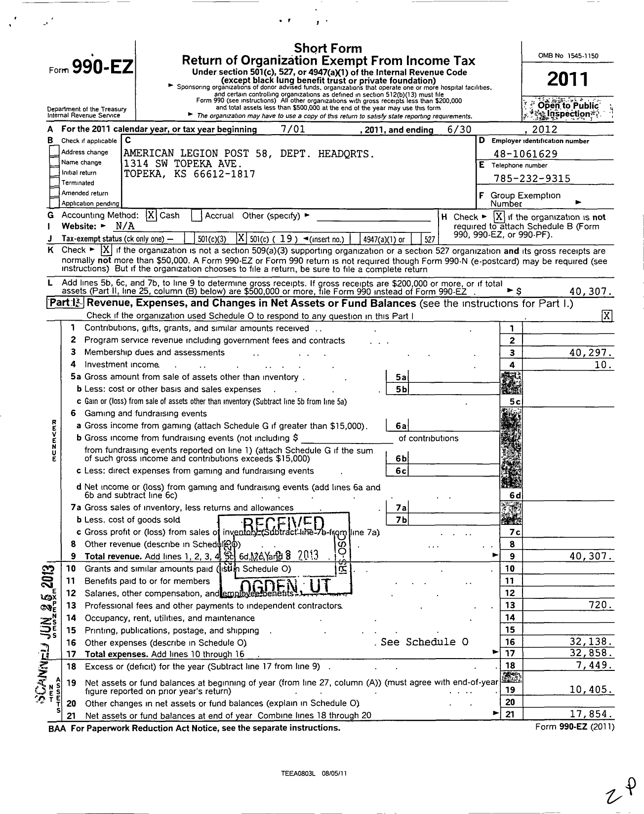 Image of first page of 2011 Form 990EO for American Legion Post 58 Dept Headqrts