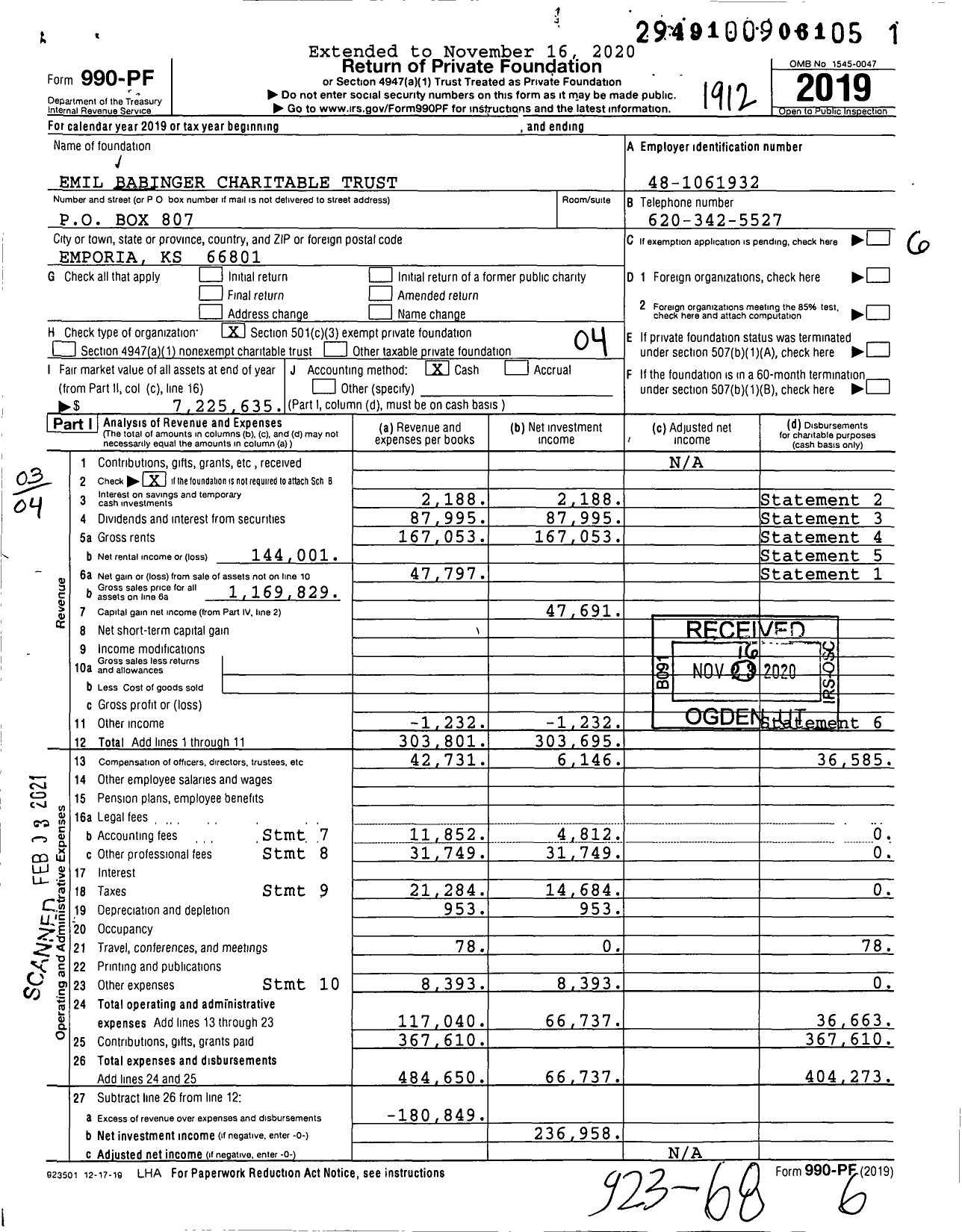 Image of first page of 2019 Form 990PF for Emil Babinger Charitable Trust