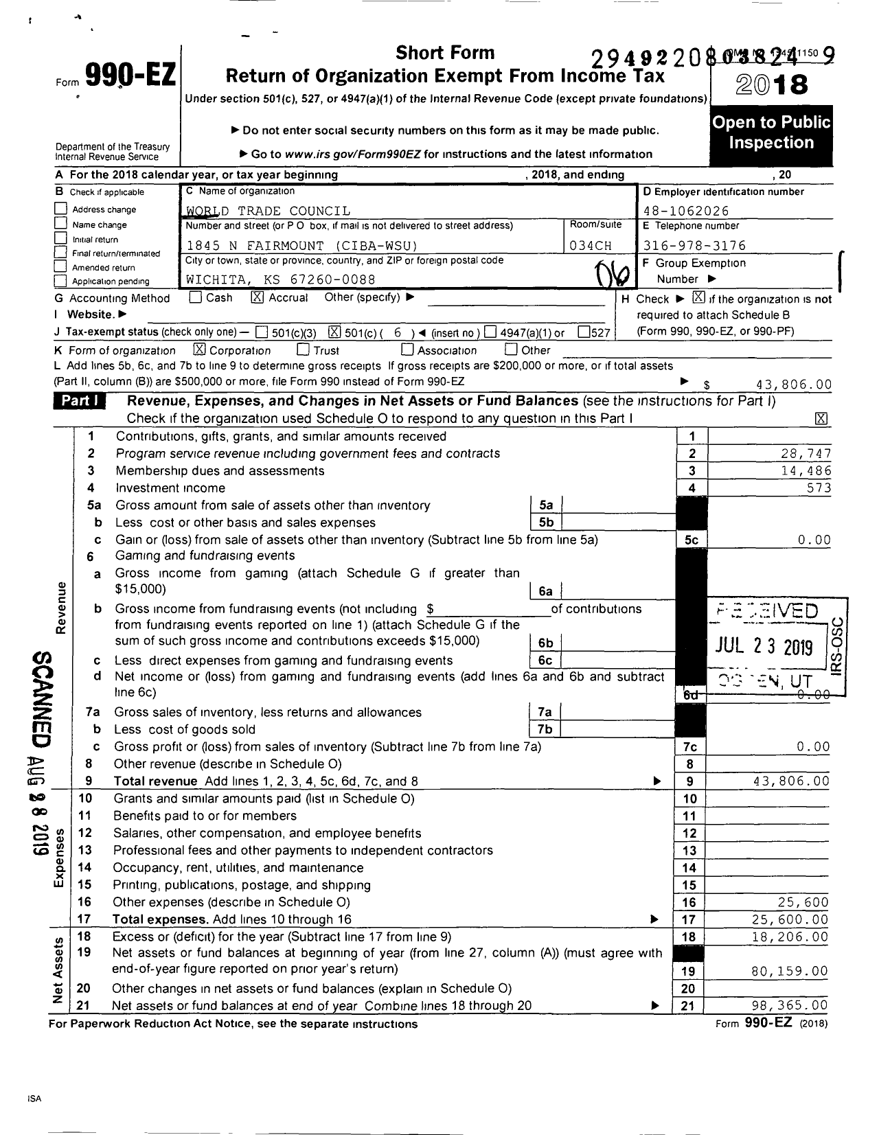 Image of first page of 2018 Form 990EO for World Trade Council of Wichita