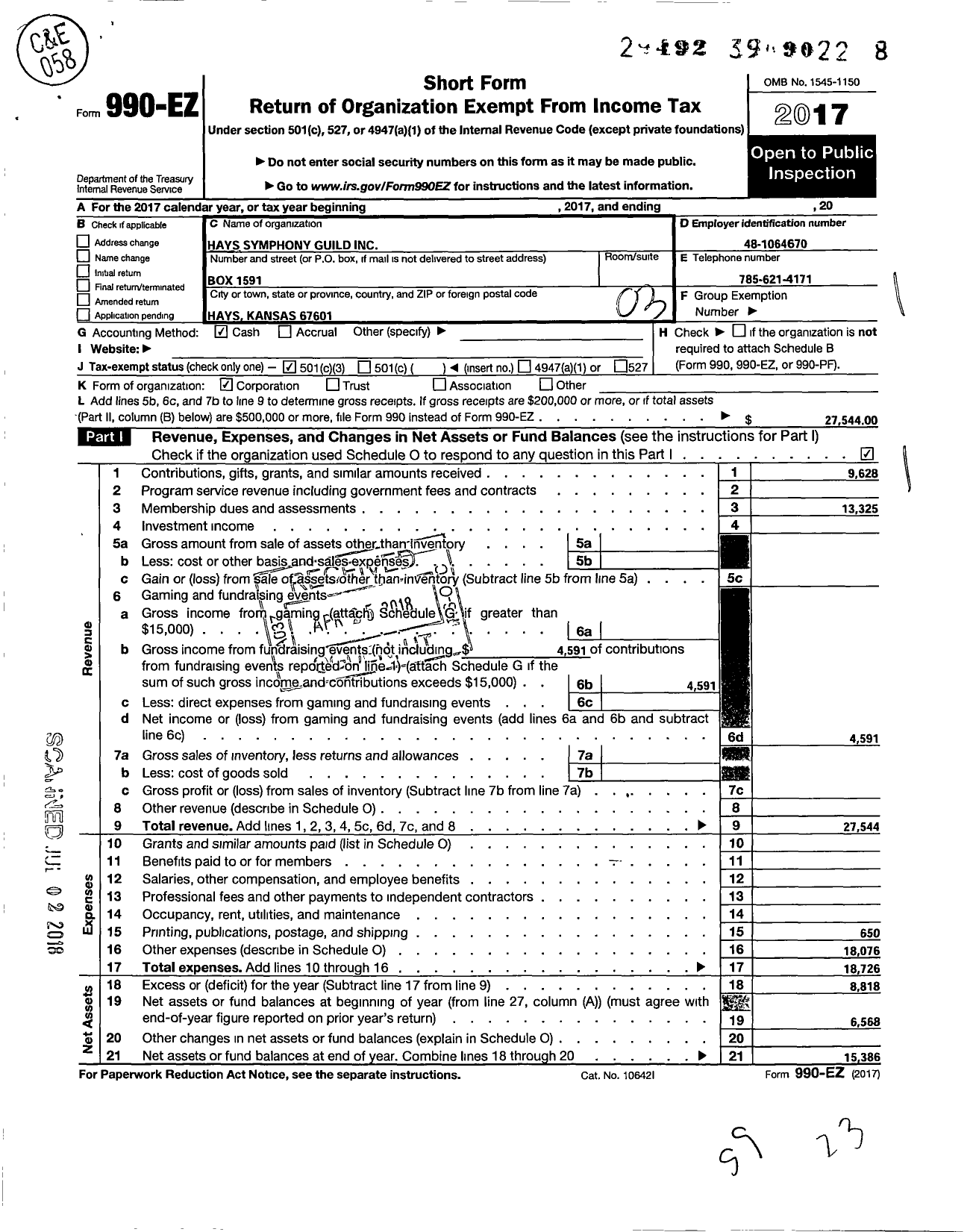 Image of first page of 2017 Form 990EZ for Hays Symphony Guild