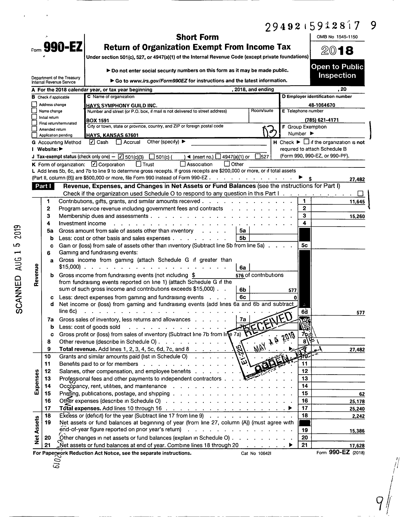 Image of first page of 2018 Form 990EZ for Hays Symphony Guild