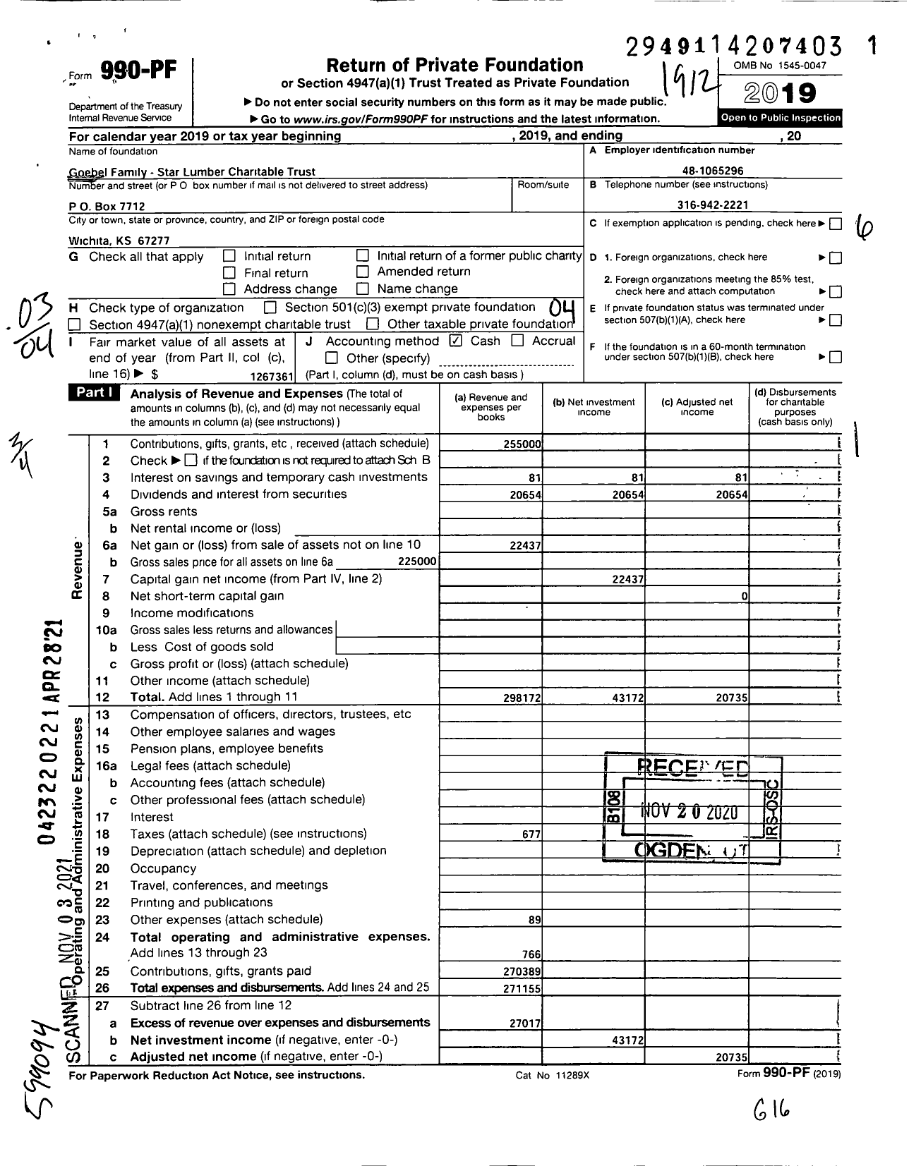 Image of first page of 2019 Form 990PF for Goebel Family-Star Lumber Charitable Trust