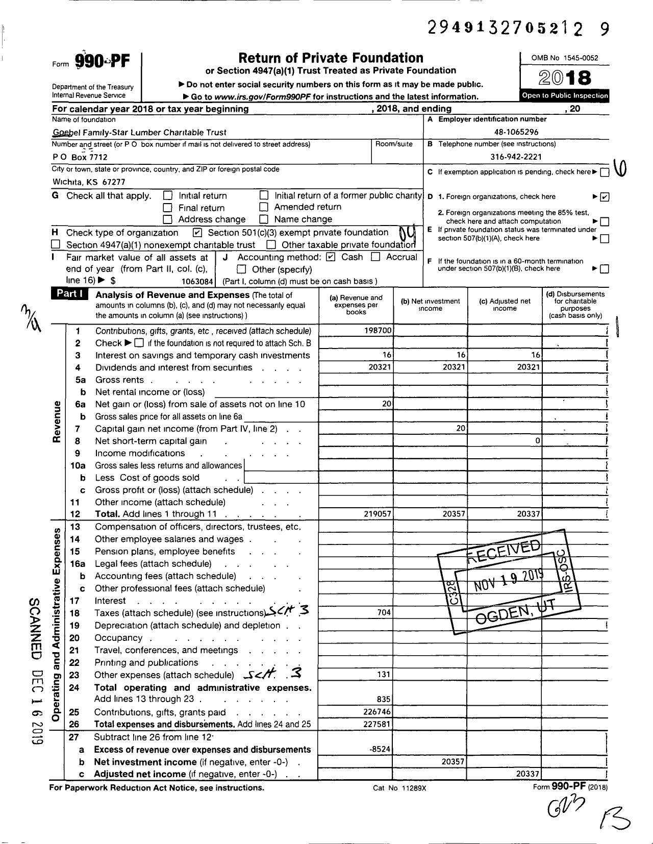 Image of first page of 2018 Form 990PF for Goebel Family-Star Lumber Charitable Trust