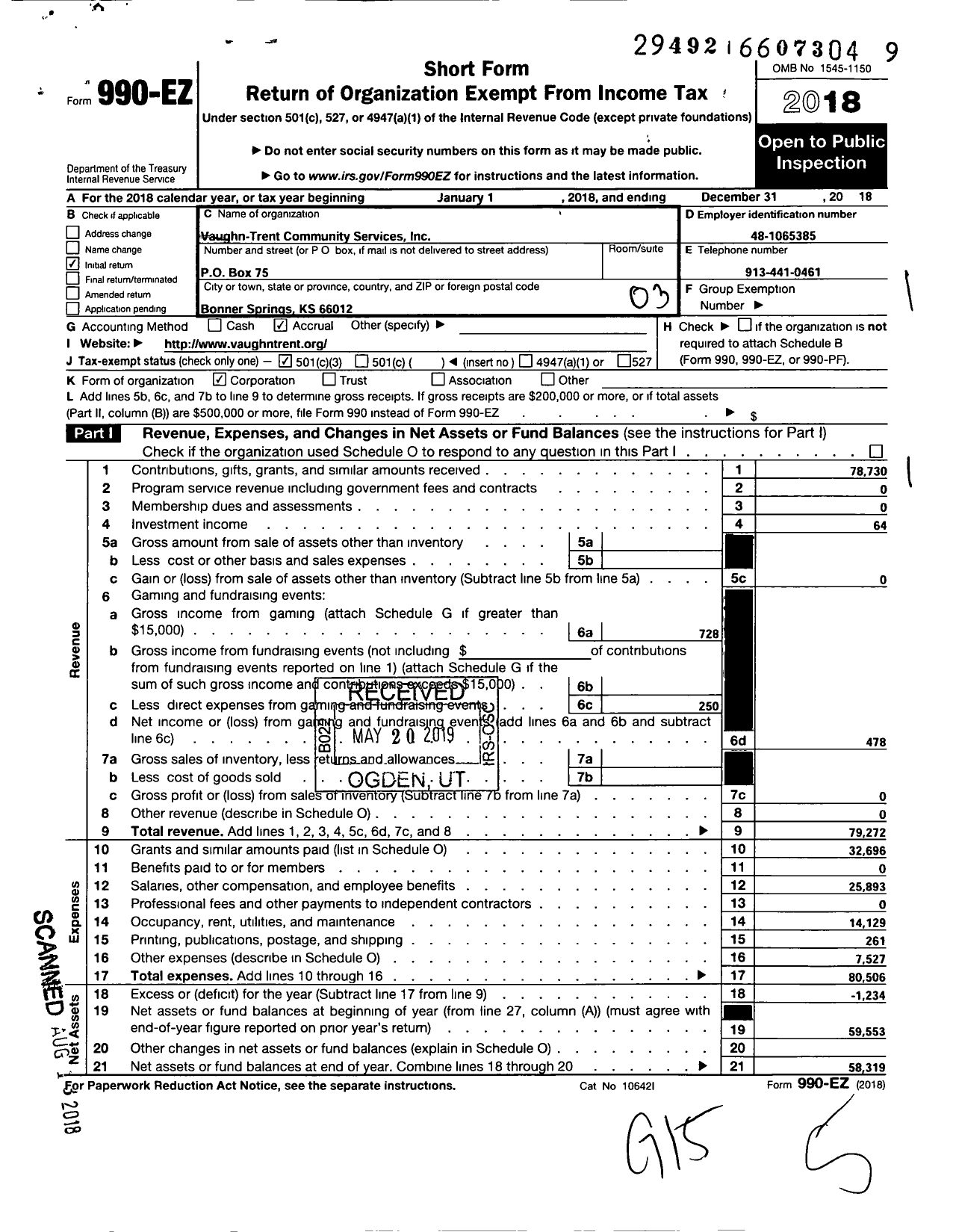 Image of first page of 2018 Form 990EZ for Vaughn-Trent Community Services