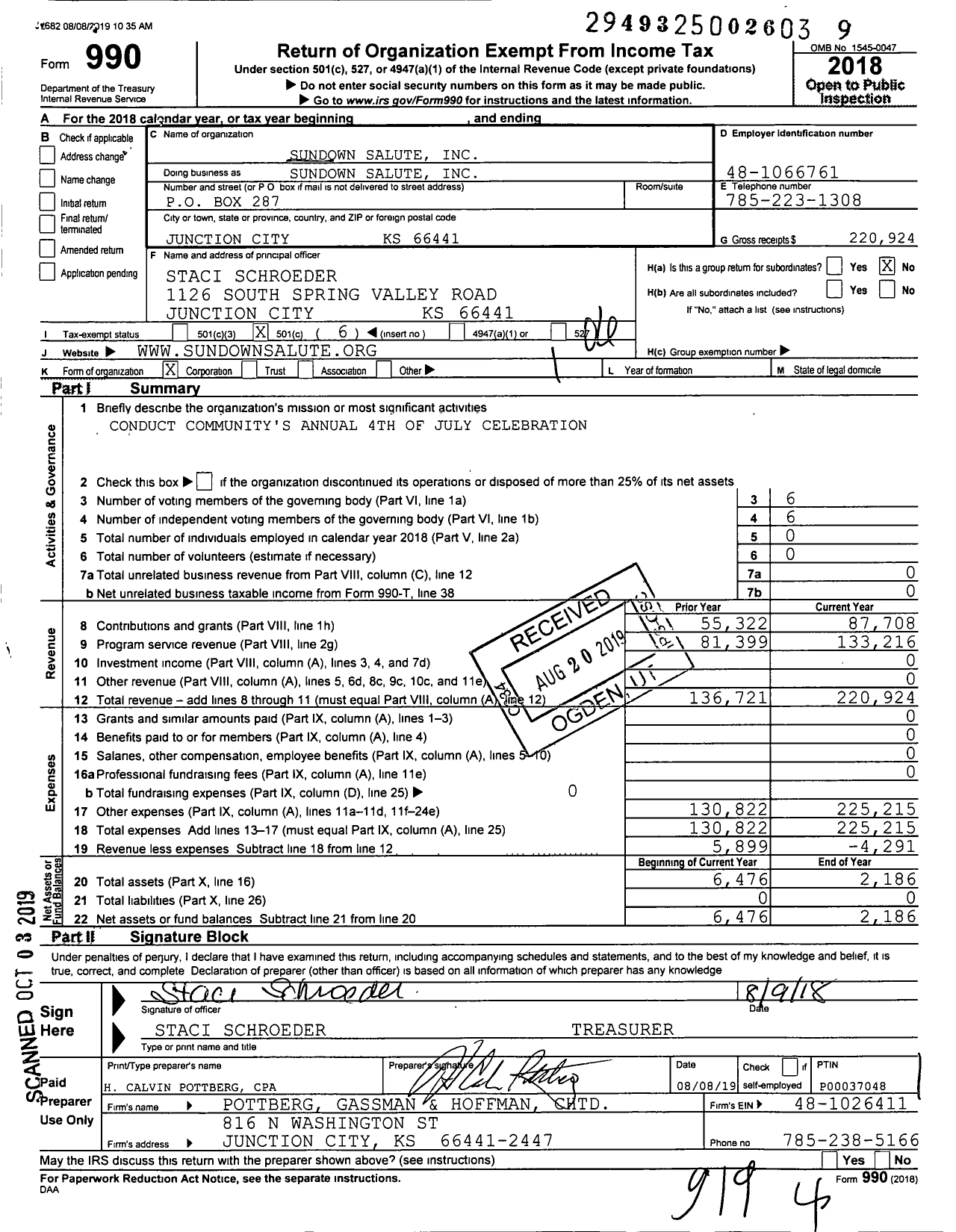 Image of first page of 2018 Form 990O for Sundown Salute