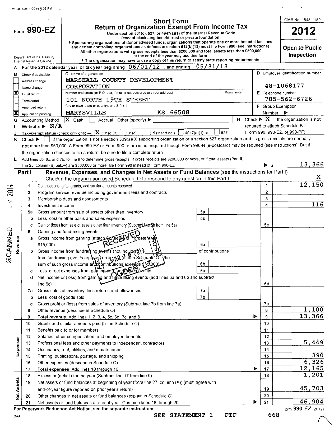 Image of first page of 2012 Form 990EZ for Marshall County Development Corporation