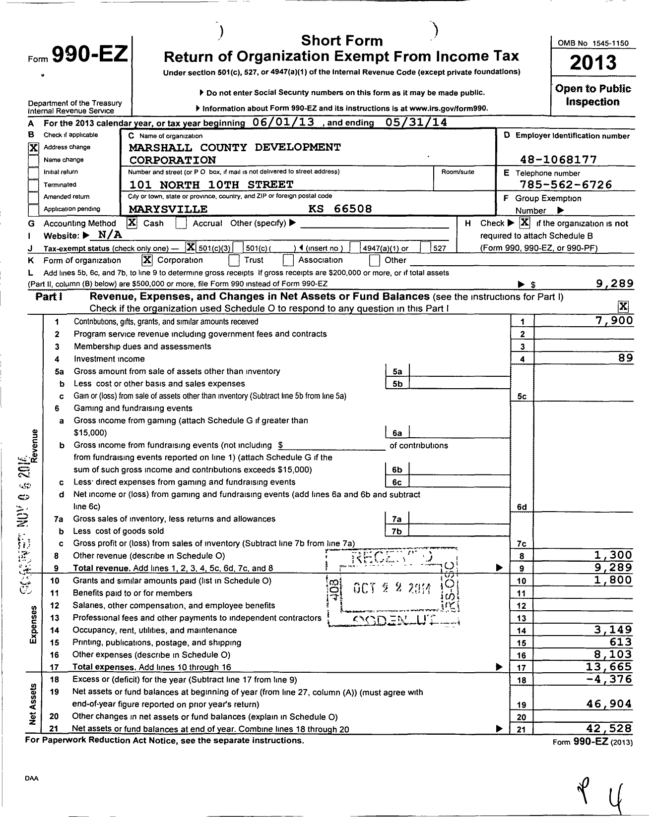 Image of first page of 2013 Form 990EZ for Marshall County Development Corporation