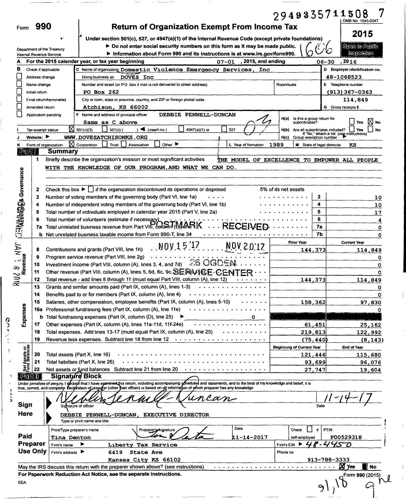 Image of first page of 2015 Form 990 for Domestic Violence Emergency Services