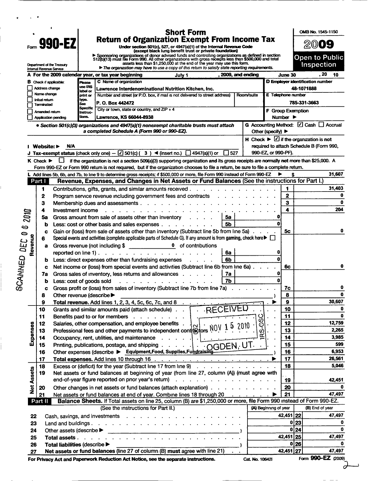 Image of first page of 2009 Form 990EZ for Lawrence Interdenominational Nutrition K