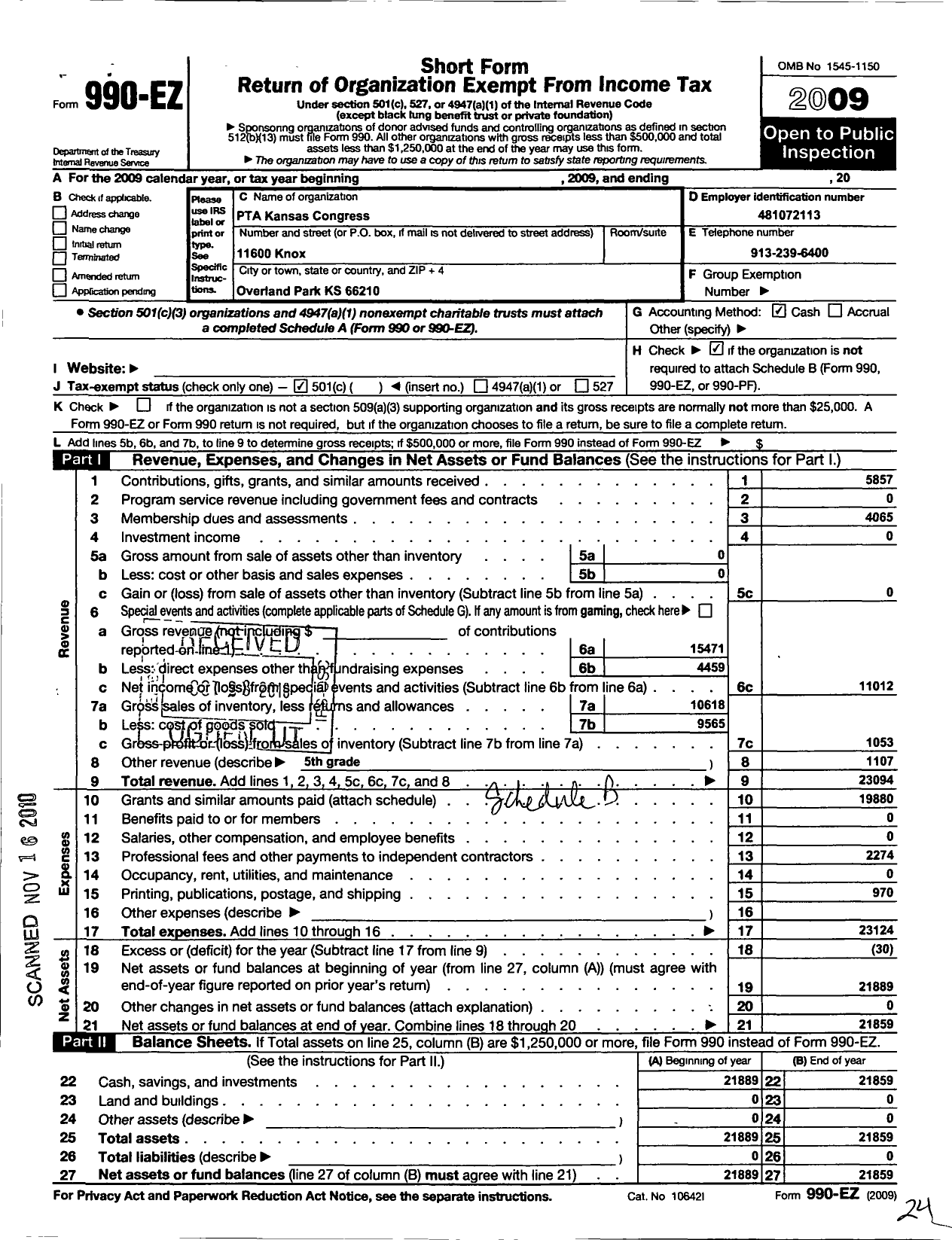 Image of first page of 2009 Form 990EO for Indian Valley Elementary PTA