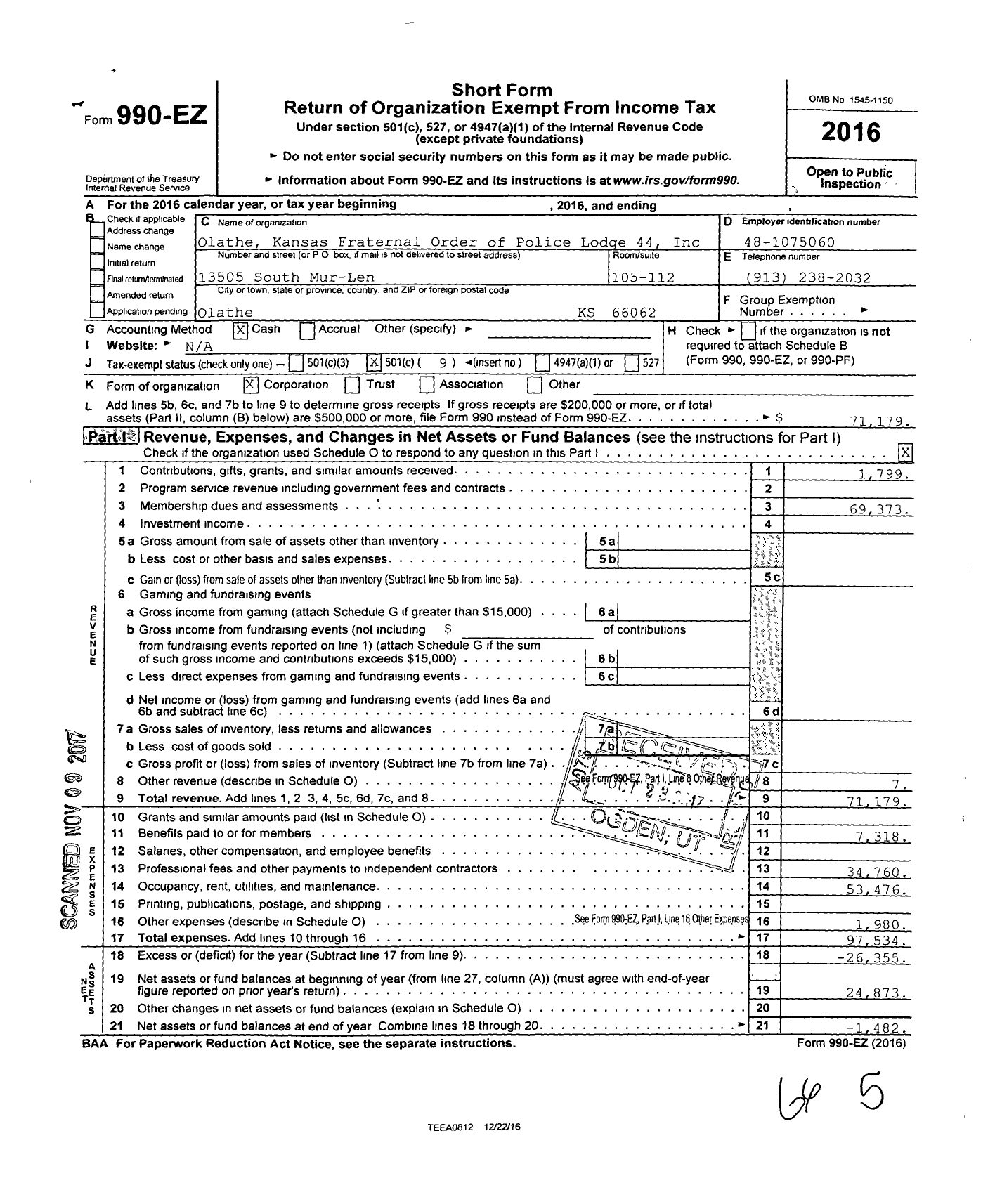 Image of first page of 2016 Form 990EO for Fraternal Order of Police - 44 Olathe F O P Lodge