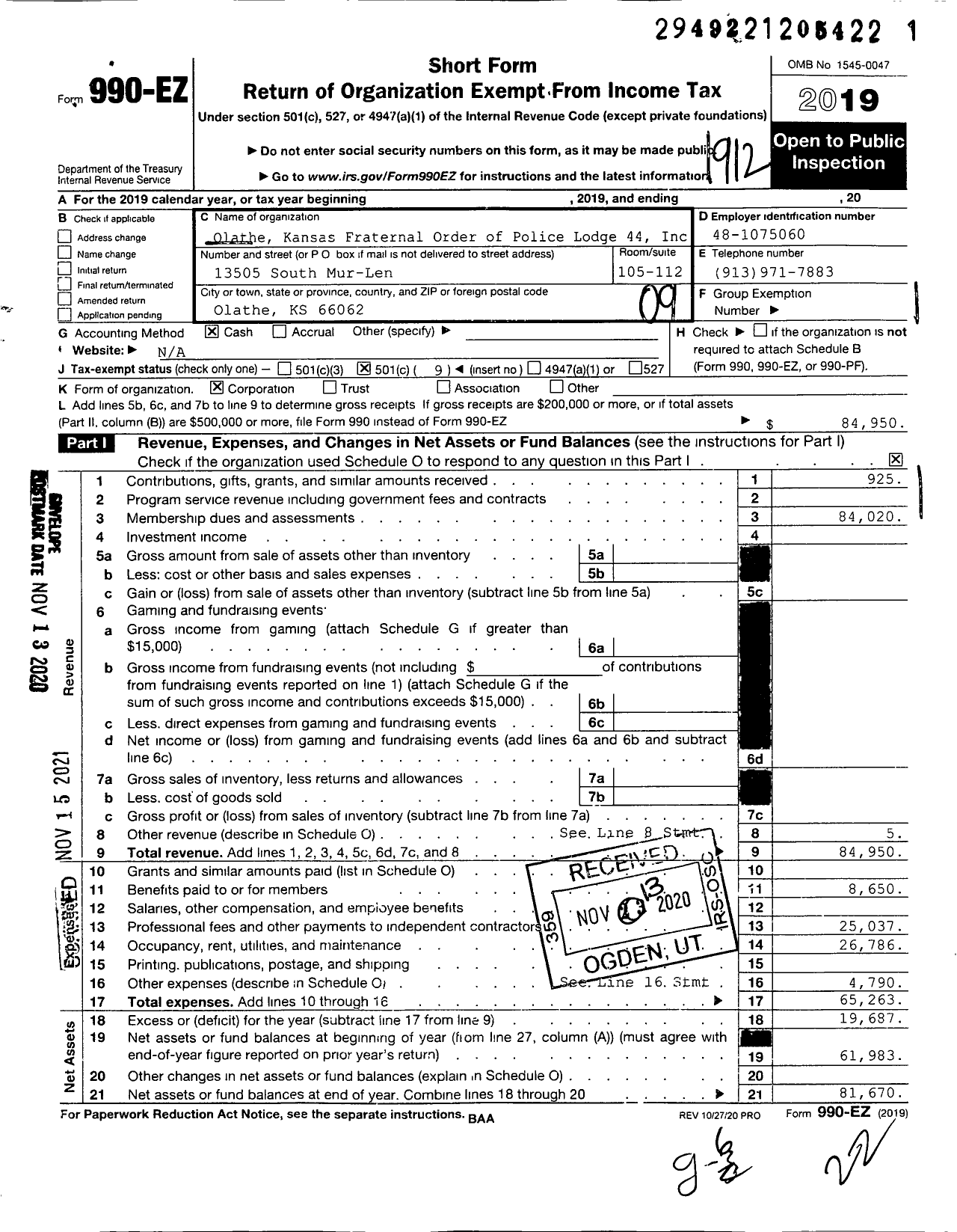 Image of first page of 2019 Form 990EO for Fraternal Order of Police - 44 Olathe F O P Lodge