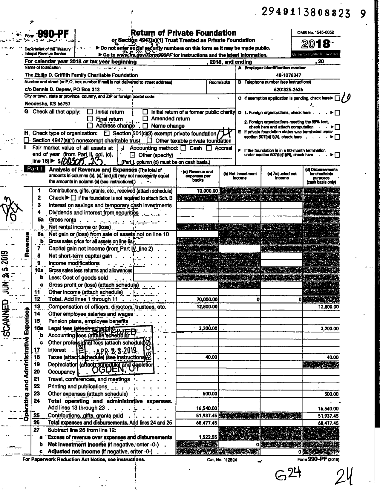 Image of first page of 2018 Form 990PF for The Philip D Griffith Family Charitable Foundation