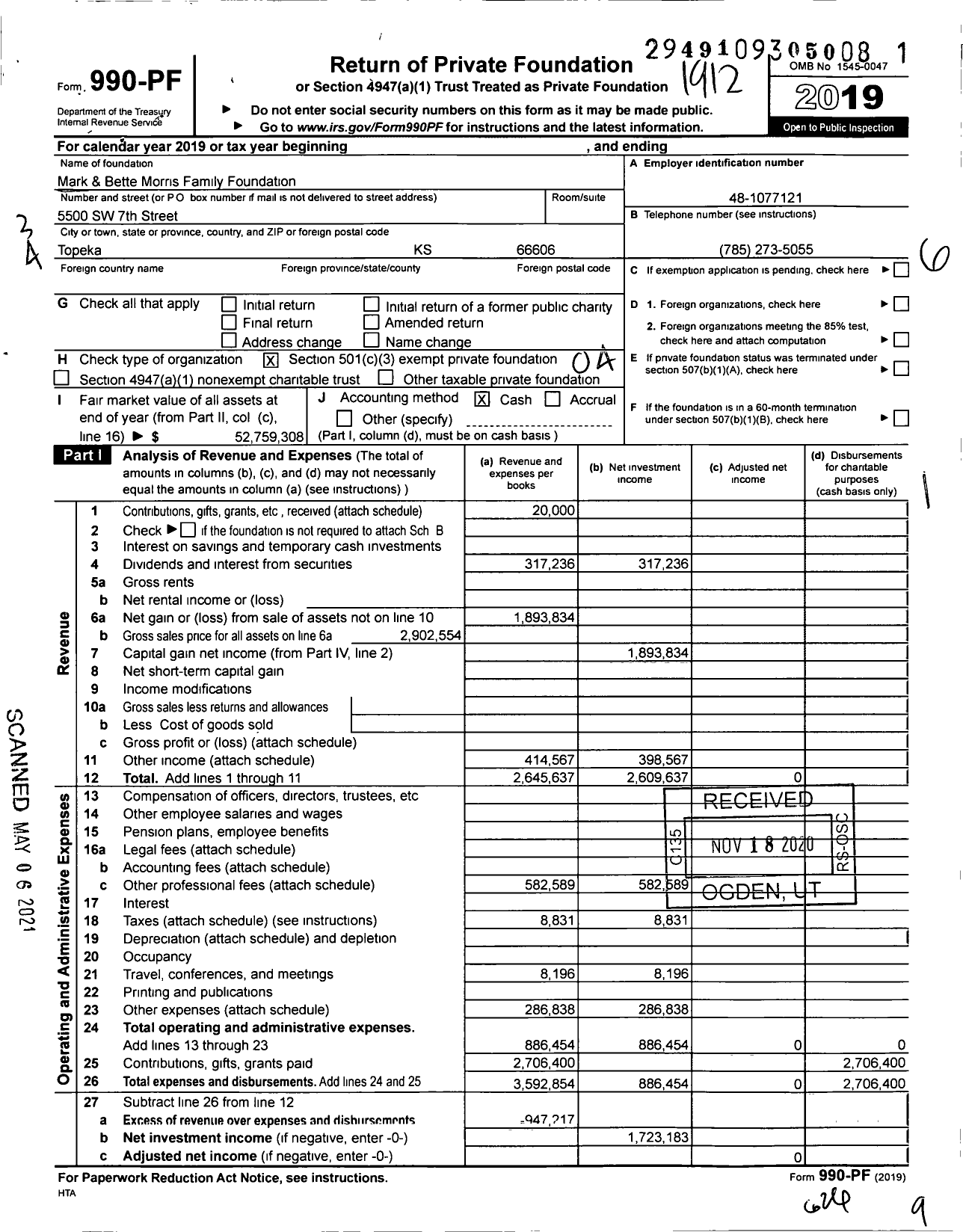 Image of first page of 2019 Form 990PF for Mark & Bette Morris Family Foundation