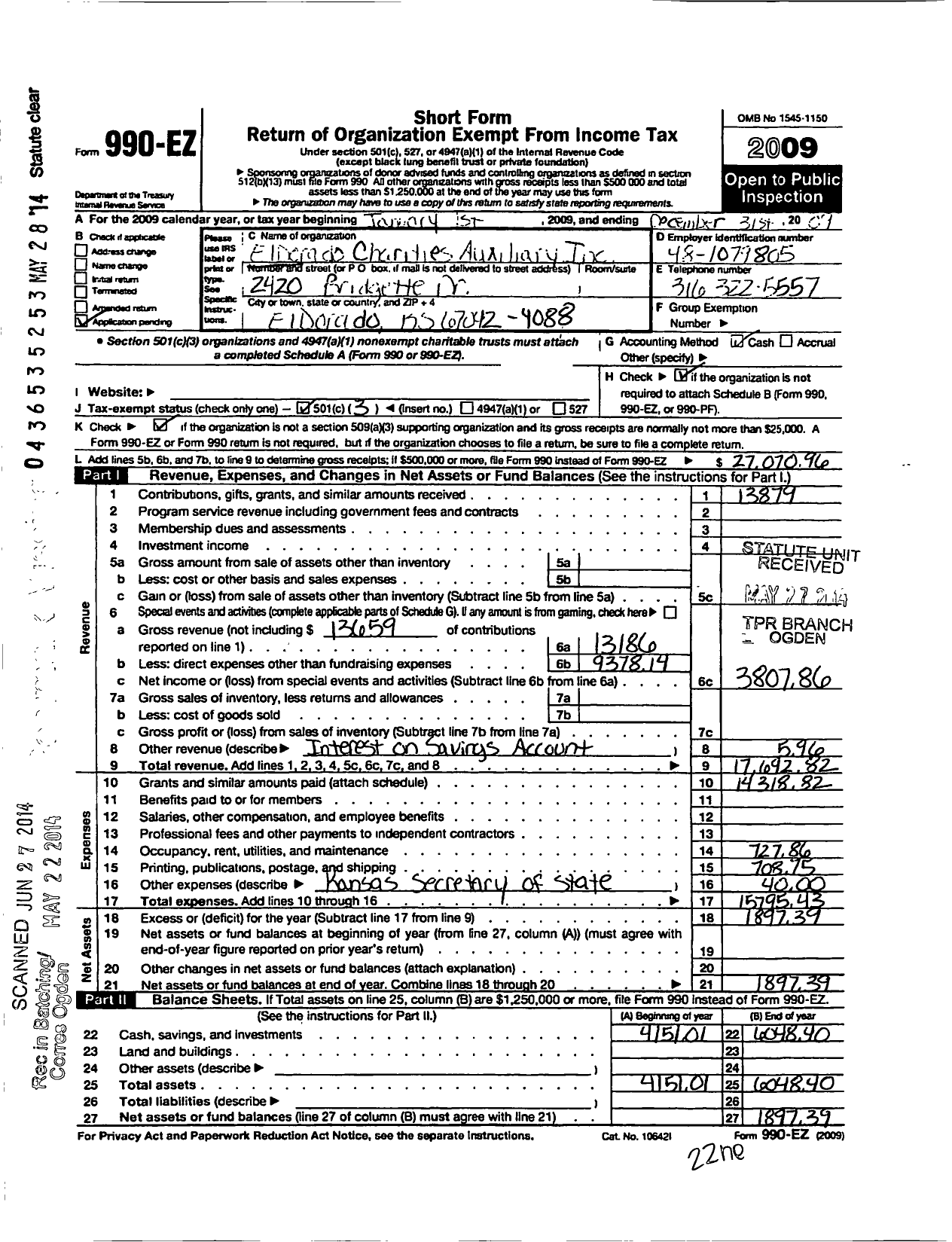 Image of first page of 2009 Form 990EZ for El Dorado Charities Auxiliary