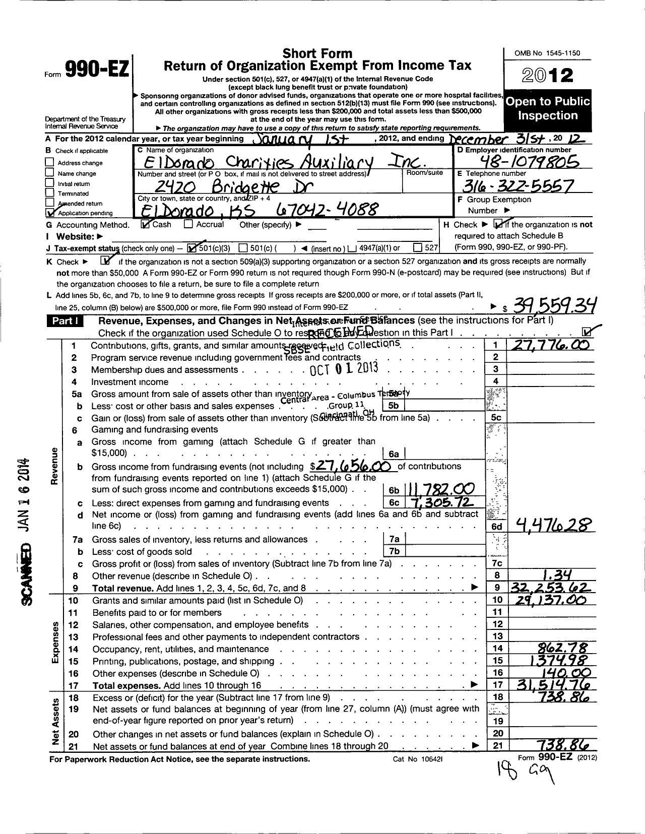 Image of first page of 2012 Form 990EZ for El Dorado Charities Auxiliary