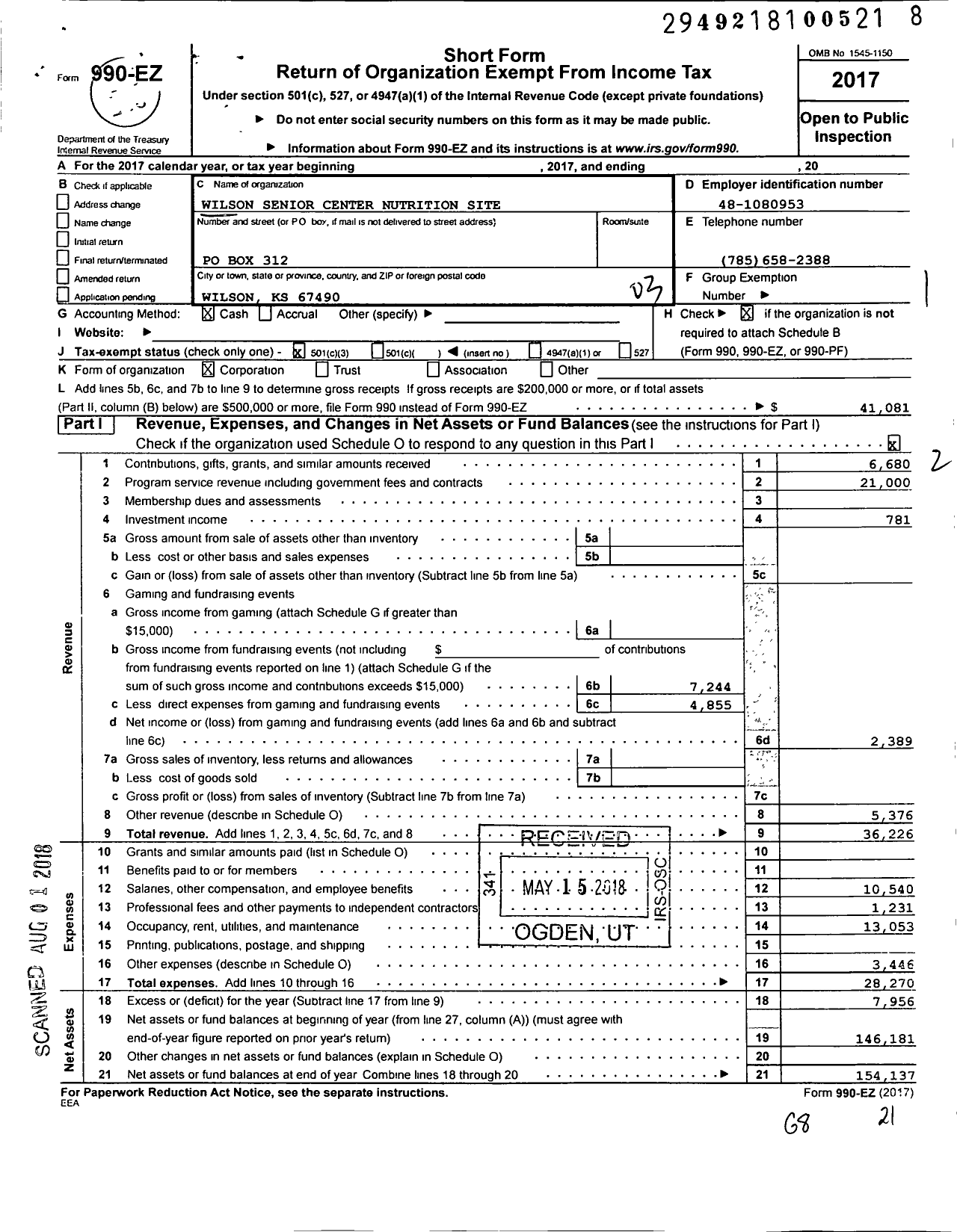 Image of first page of 2017 Form 990EZ for Wilson Senior Center Nutrition Site