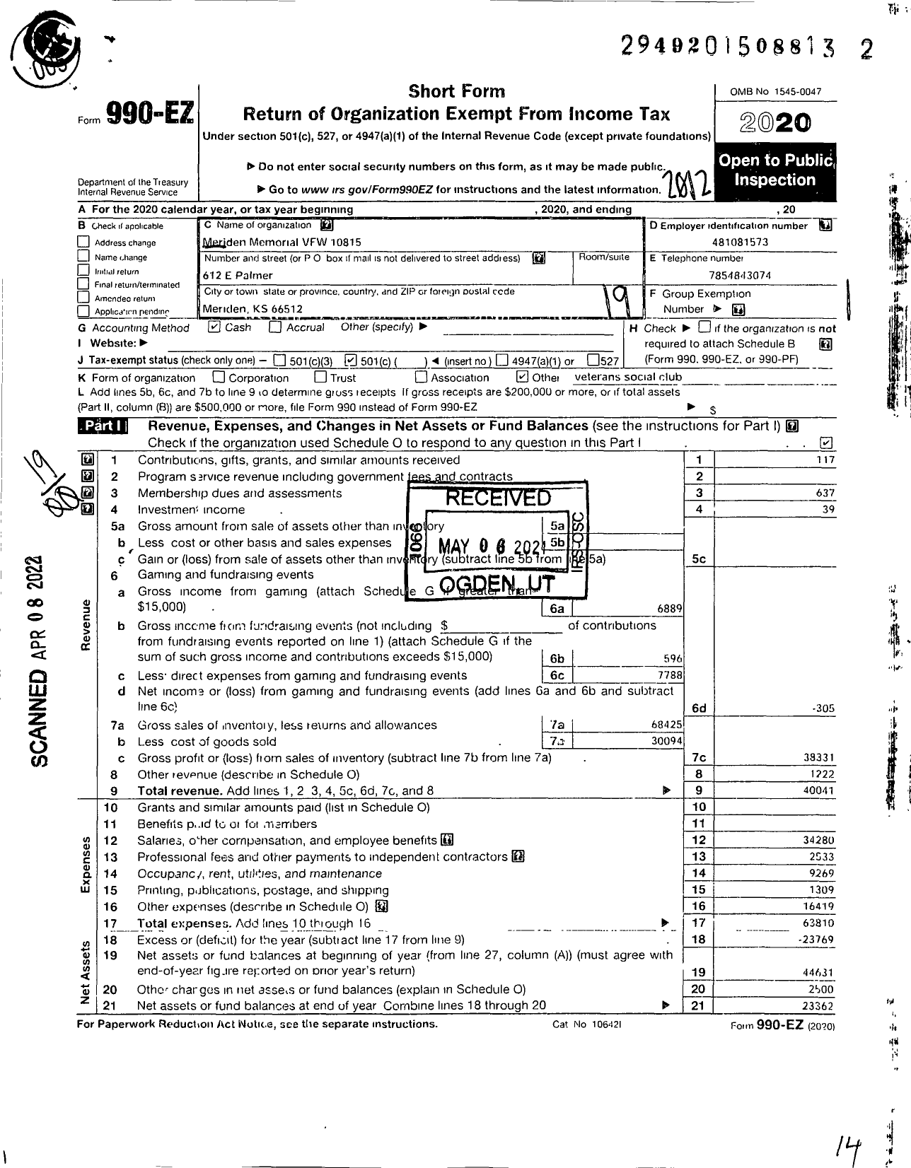 Image of first page of 2020 Form 990EO for Veterans of Foreign Wars of the United States Dept of Kansas - 10815 Meriden Memorial