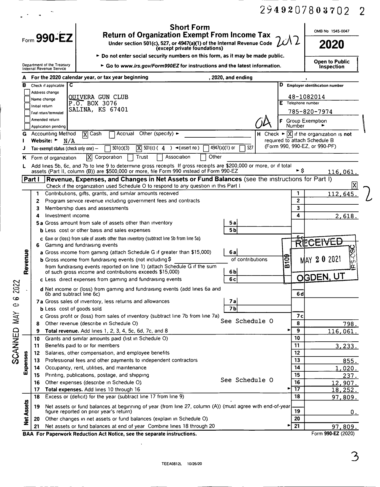 Image of first page of 2020 Form 990EO for Quivera Gun Club