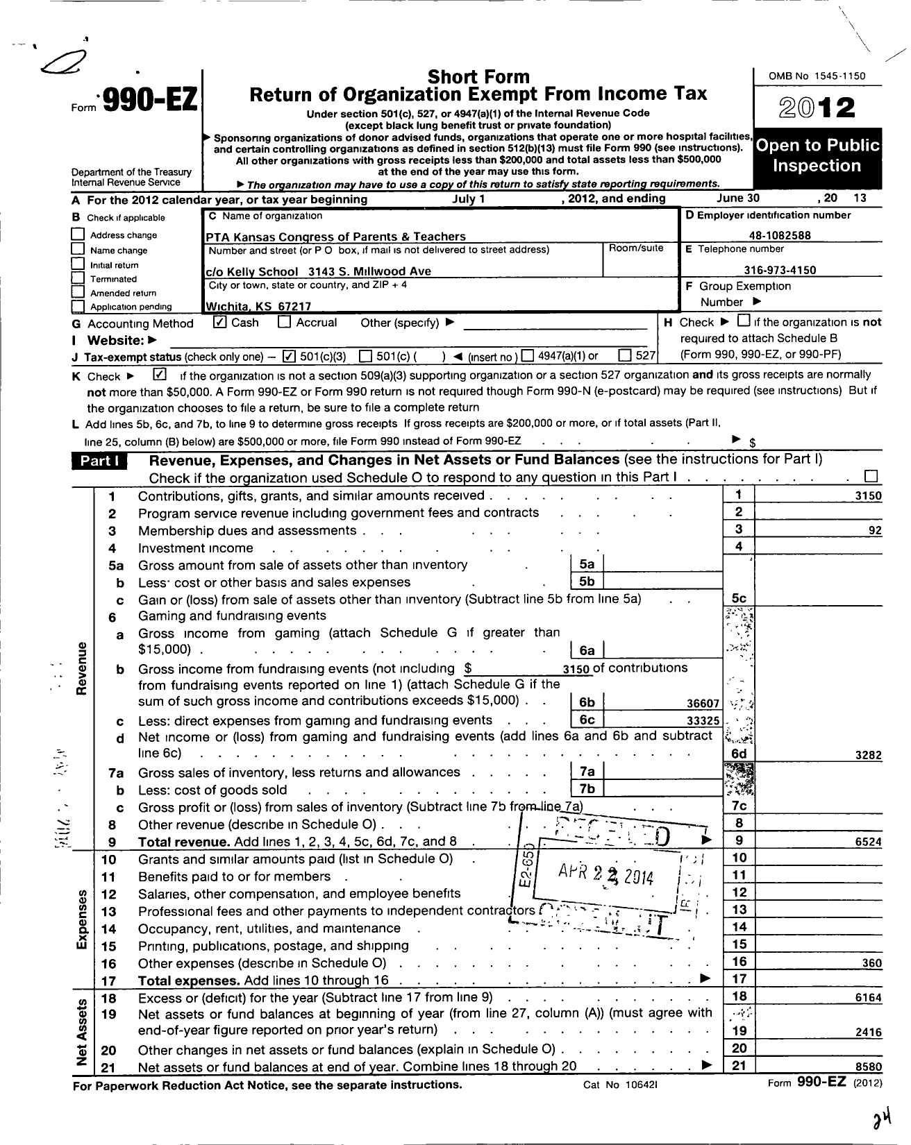 Image of first page of 2012 Form 990EZ for PTA Kansas Congress of Parents and Teachers / Kelly Elementary