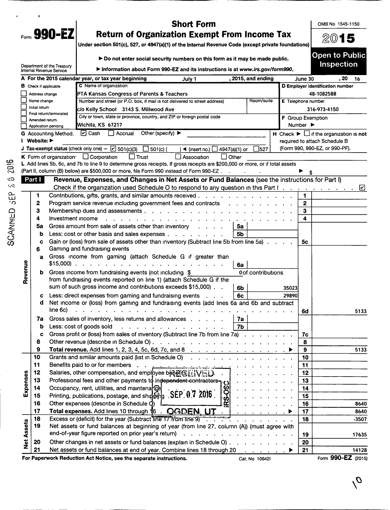 Image of first page of 2015 Form 990EZ for PTA Kansas Congress of Parents and Teachers / Kelly Elementary