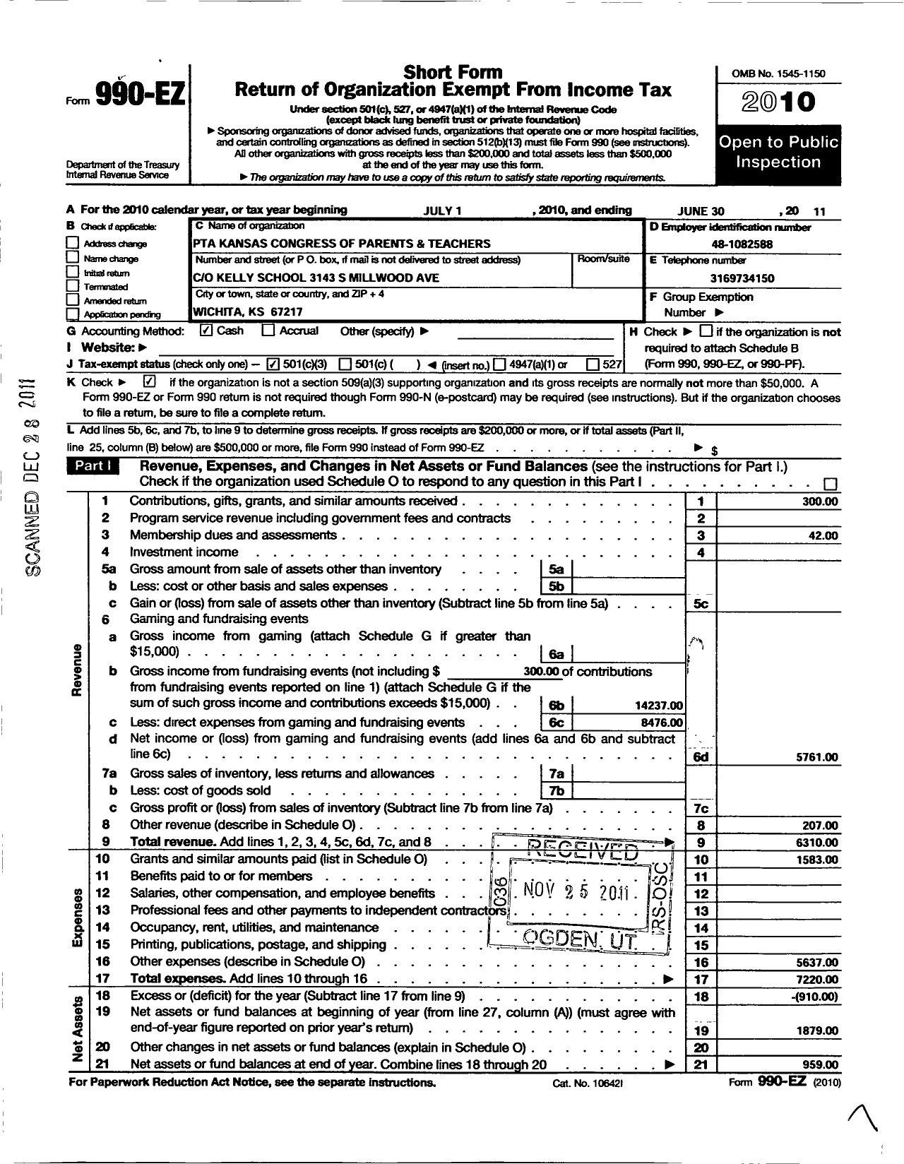 Image of first page of 2010 Form 990EZ for PTA Kansas Congress of Parents and Teachers / Kelly Elementary