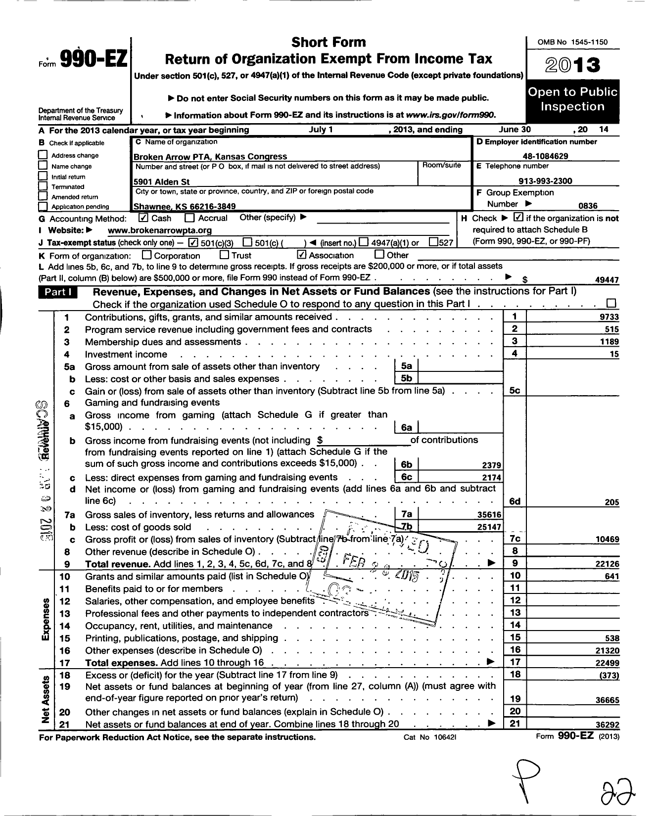 Image of first page of 2013 Form 990EZ for PTA Kansas Congress of Parents and Teachers / Broken Arrow Elementary