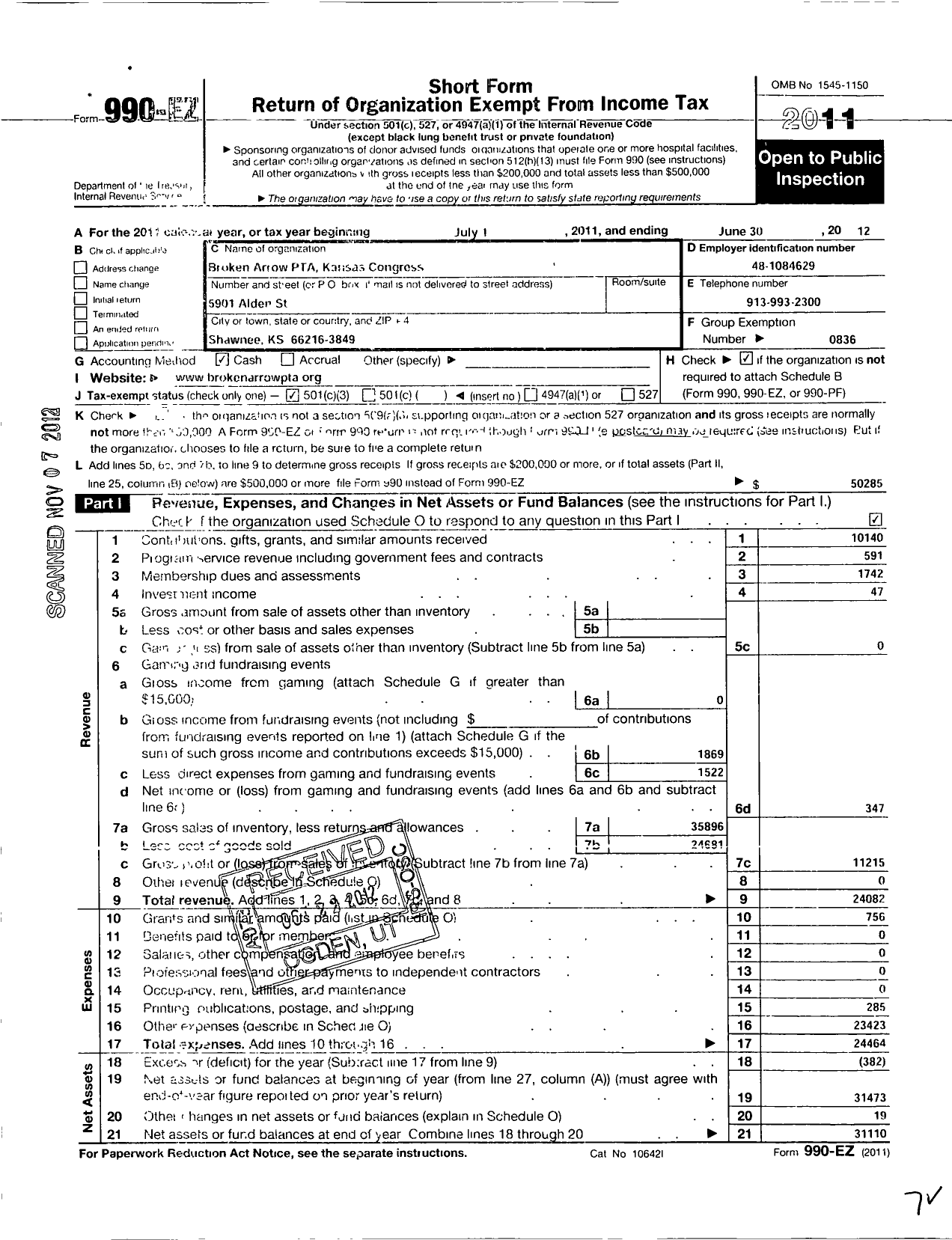 Image of first page of 2011 Form 990EZ for PTA Kansas Congress of Parents and Teachers / Broken Arrow Elementary