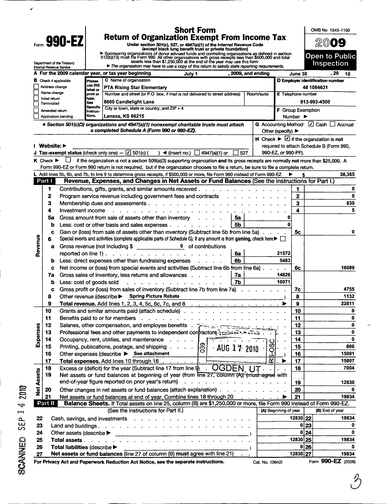 Image of first page of 2009 Form 990EO for PTA Kansas Congress of Parents and Teachers / Rising Star Elementary