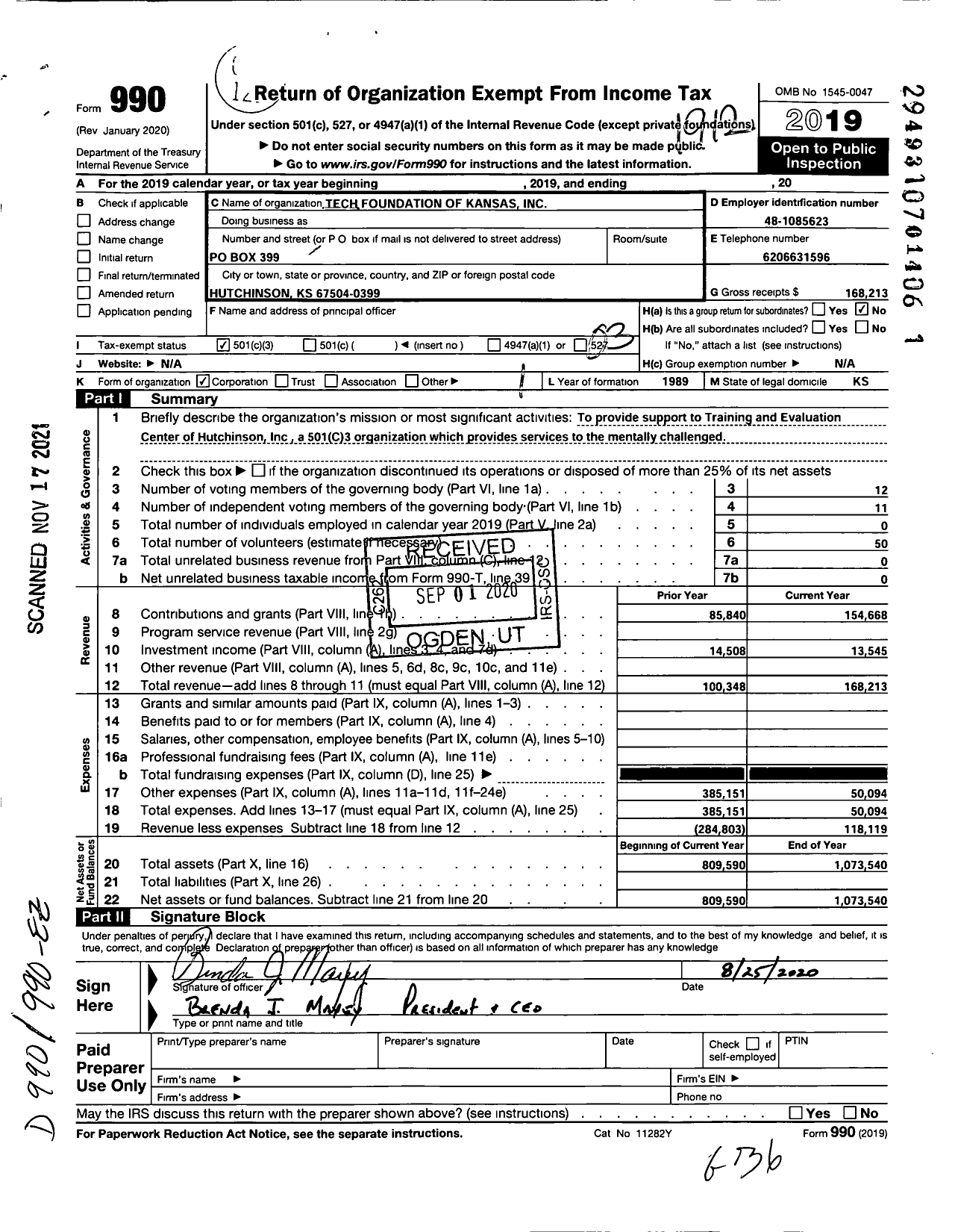 Image of first page of 2019 Form 990 for Tech Foundation of Kansas