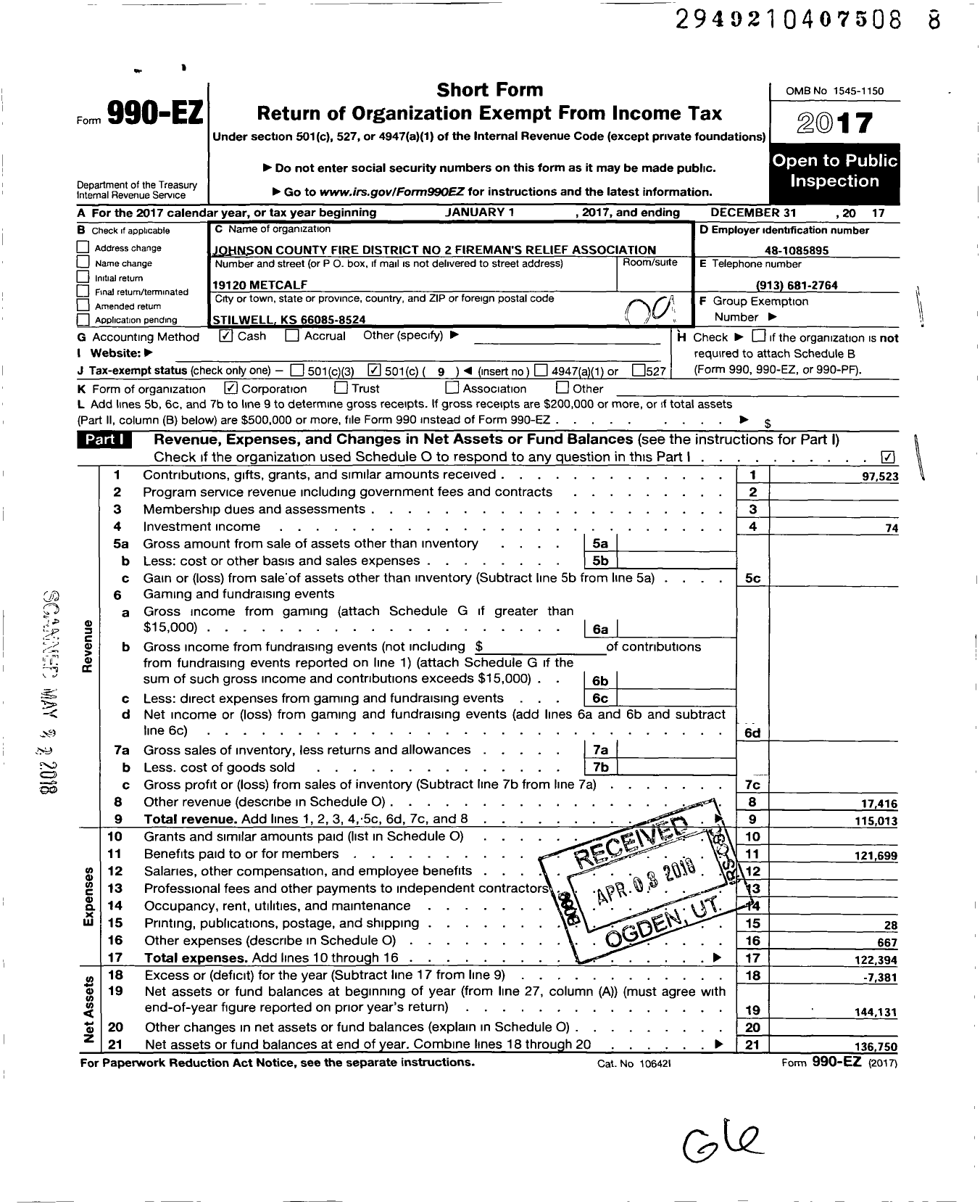 Image of first page of 2017 Form 990EO for Johnson County Fire District 2 Firemans Relief Association