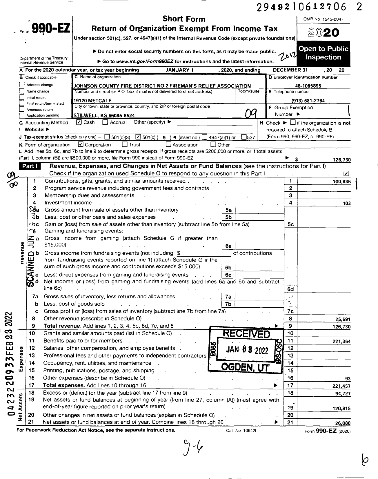 Image of first page of 2020 Form 990EO for Johnson County Fire District 2 Firemans Relief Association