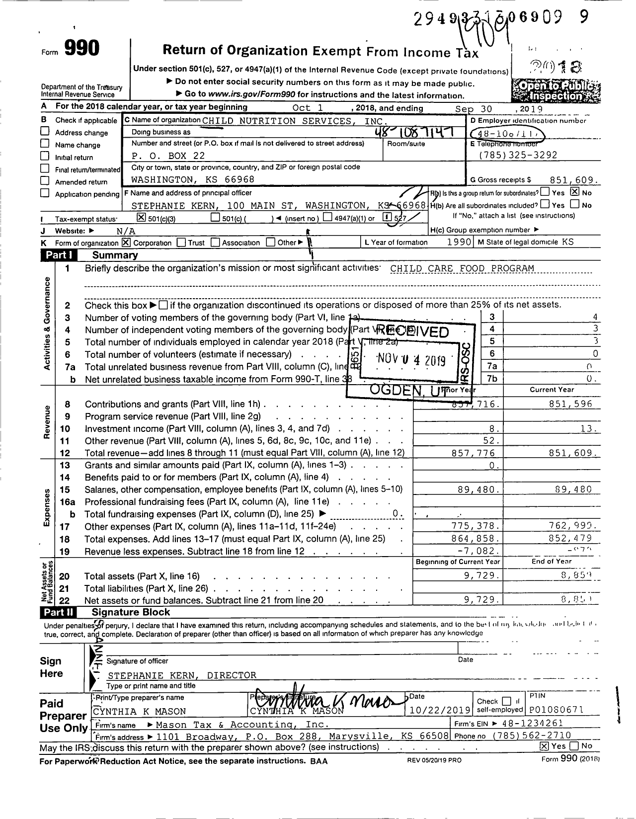 Image of first page of 2018 Form 990 for Child Nutrition Services