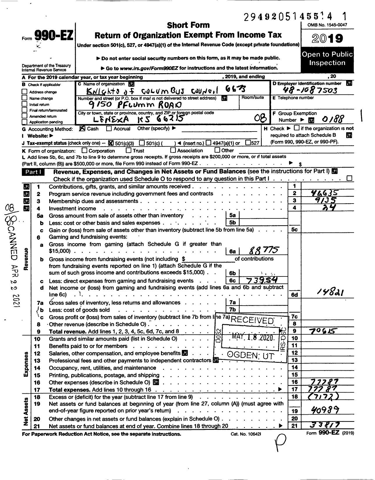 Image of first page of 2019 Form 990EO for Knights of Columbus - 6673 Council of Palms Council