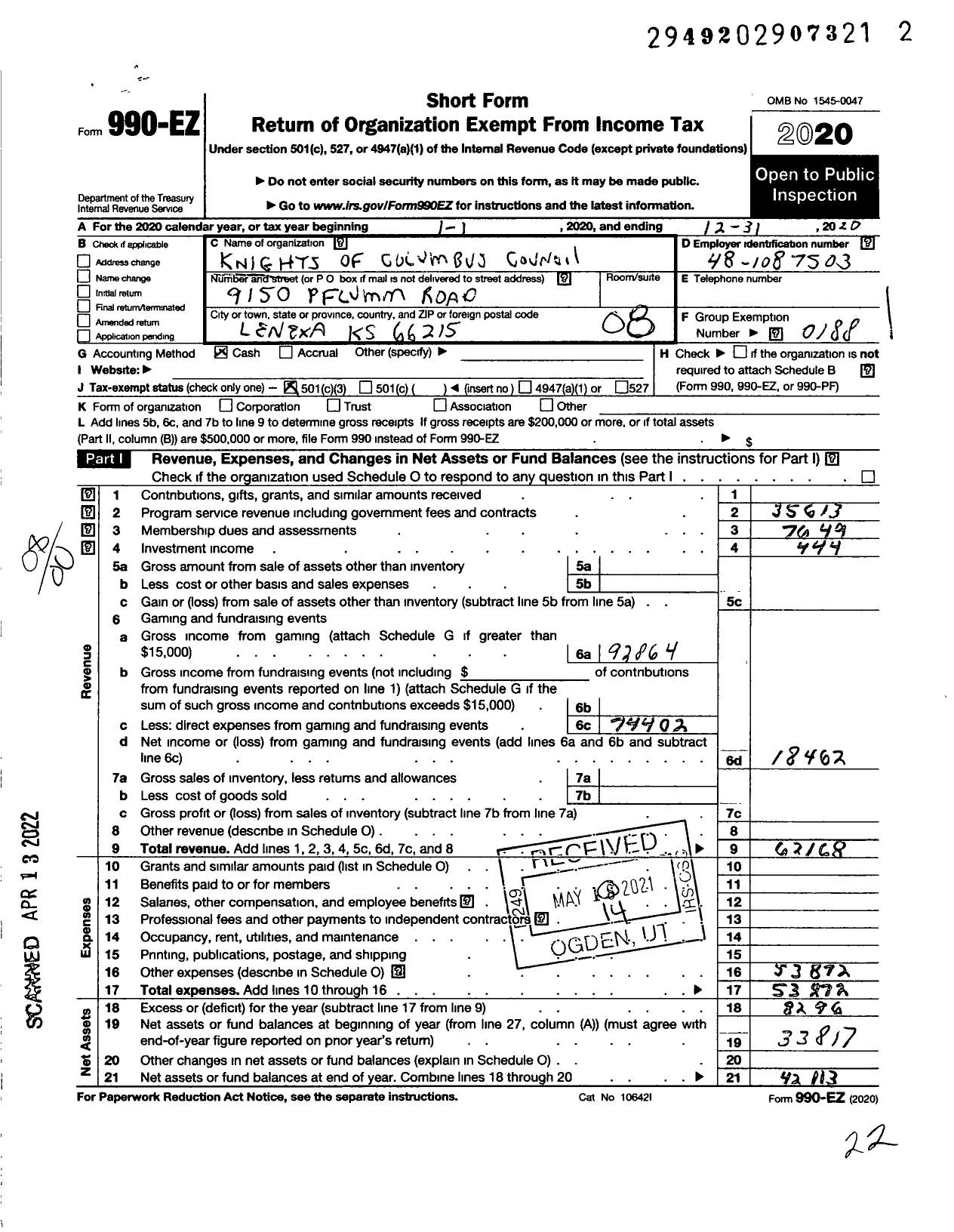 Image of first page of 2020 Form 990EO for Knights of Columbus - 6673 Council of Palms Council