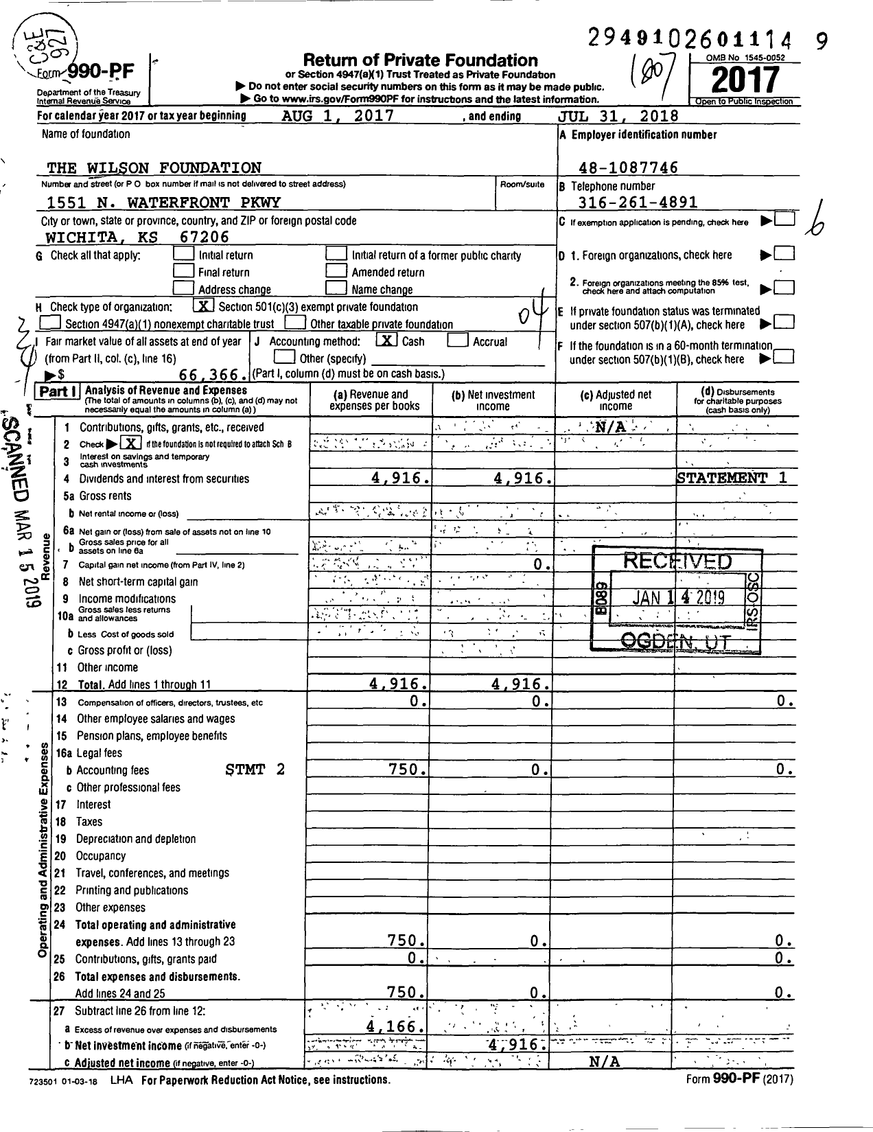 Image of first page of 2017 Form 990PF for The Wilson Foundation