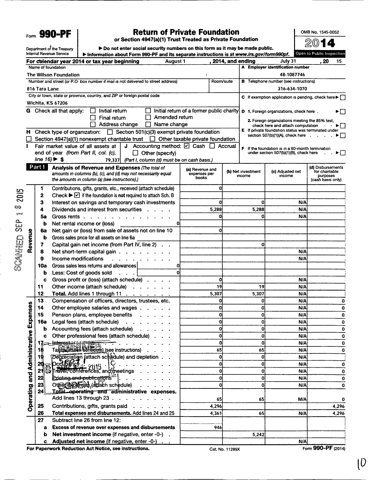 Image of first page of 2014 Form 990PF for The Wilson Foundation