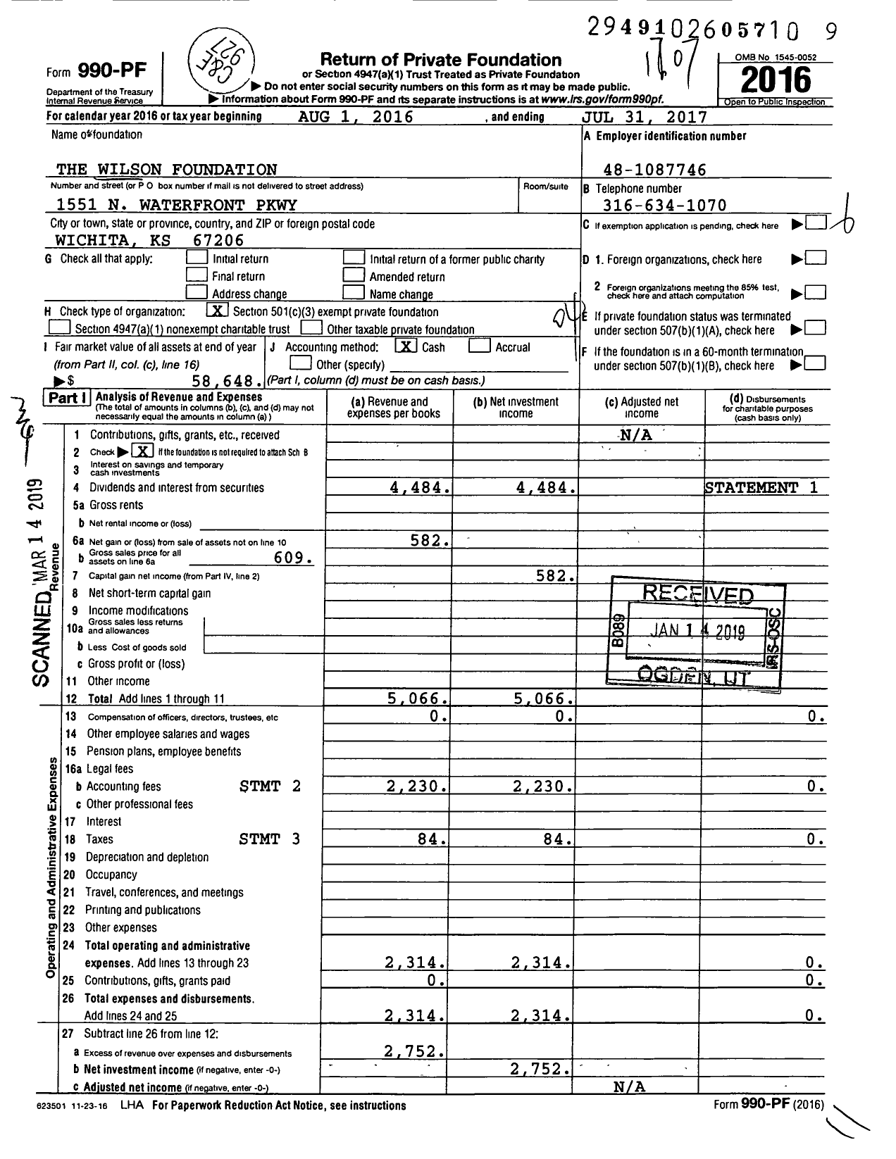 Image of first page of 2016 Form 990PF for The Wilson Foundation